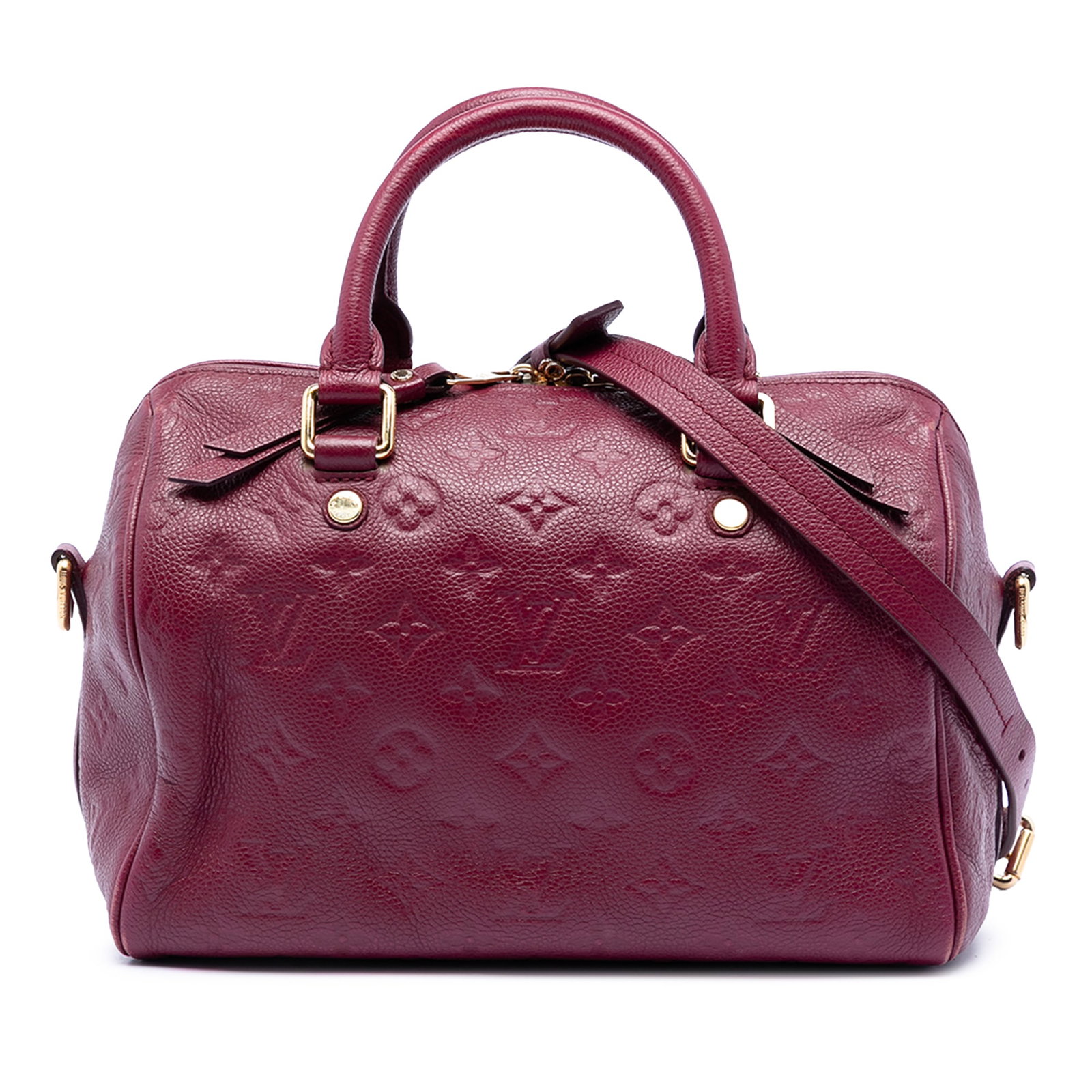 Louis Vuitton Speedy Bandouliere 25 Red Empreinte Leather Handbag: Louis Vuitton Speedy Bandouliere 25 Red Empreinte Leather Handbag Louis Vuitton Monogram Empreinte Speedy Bandouliere 25 handbag in red leather with rolled top handles, a detachable and adjustable fla