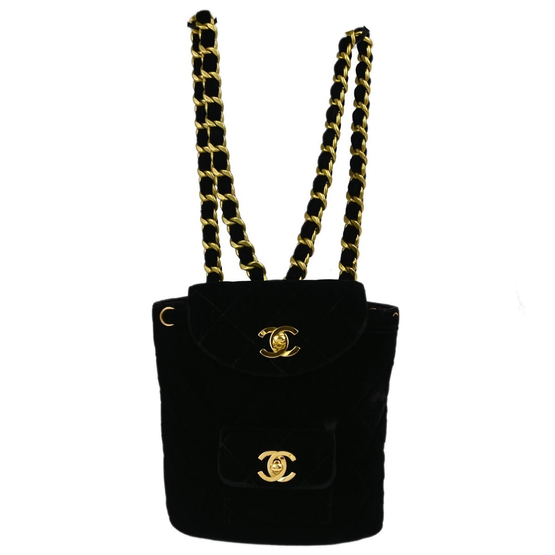 CHANEL Mini Velvet Backpack Black Drawstring Chain Strap: CHANEL Mini Velvet Backpack Black Drawstring Chain Strap Chanel Small Duma backpack in black velvet with a drawstring closure and chain strap. This mini backpack features a black leather lining, logo 