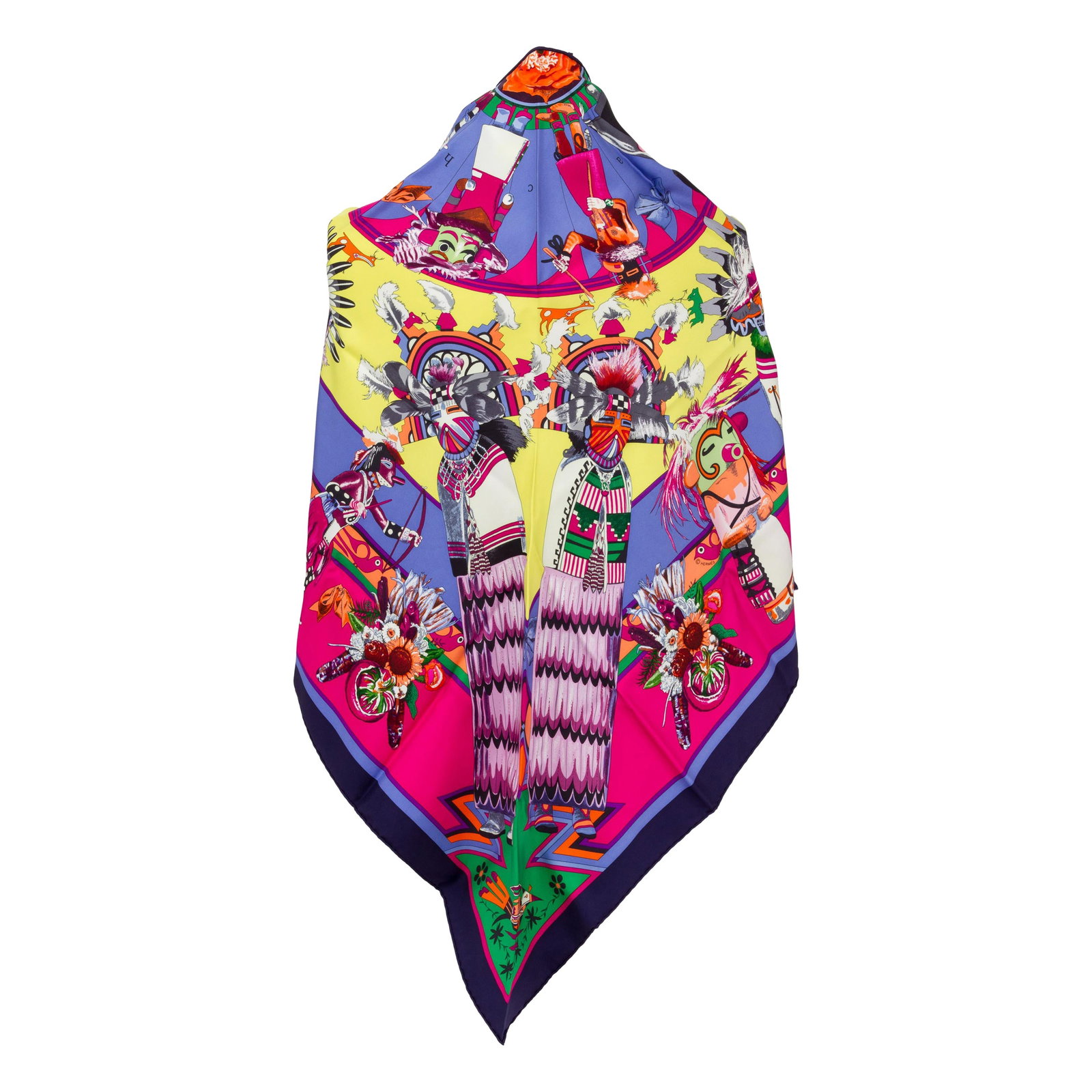 Hermes Kachinas Shawl by Kermit Oliver New in Box 54x84: Hermes Kachinas Shawl by Kermit Oliver New in Box 54x84 Experience the elegance of this Hermes Silk Pointe Kachinas Shawl, a remarkable piece designed by Kermit Oliver. Crafted from luxurious silk, th