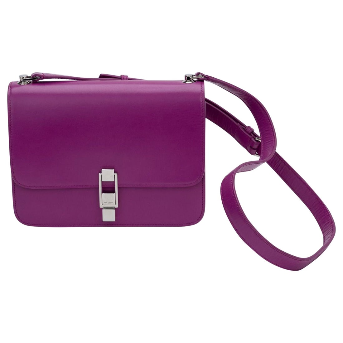Yves Saint Laurent Magenta Calfskin Shoulder Bag with Silver Hardware: Yves Saint Laurent Magenta Calfskin Shoulder Bag with Silver Hardware Elevate your style with this stunning Yves Saint Laurent shoulder bag crafted from luxurious magenta calfskin leather. The bag fea