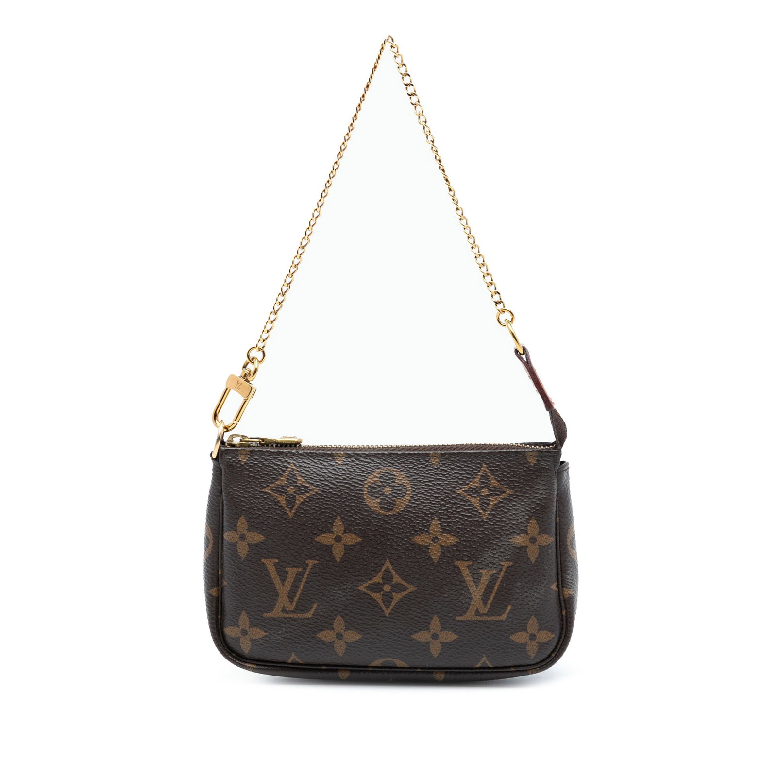 Louis Vuitton Mini Pochette Monogram Canvas Bag with Chain Strap: Louis Vuitton Mini Pochette Monogram Canvas Bag with Chain Strap This Louis Vuitton Mini Pochette Accessoires features the iconic monogram canvas in brown, complemented by a gold-tone chain strap and 