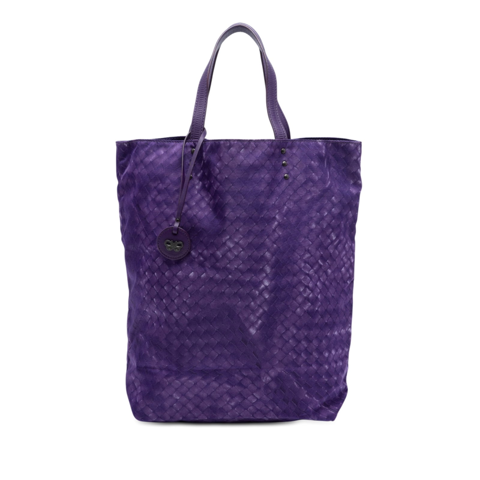 Purple Bottega Veneta Intrecciolusion Nylon Tote Bag: Purple Bottega Veneta Intrecciolusion Nylon Tote Bag This Bottega Veneta Nylon Intrecciolusion Vertical Tote features a printed nylon body complemented by flat leather shoulder straps and an open top 