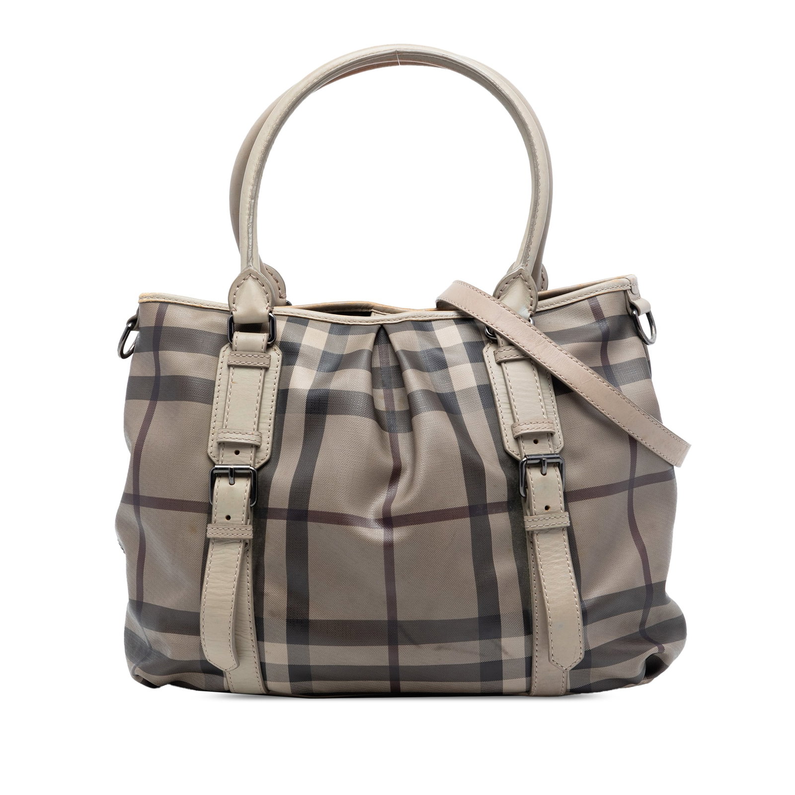 Burberry Northfield Satchel in Smoke Check Coated Canvas with Leather Trim: Burberry Northfield Satchel in Smoke Check Coated Canvas with Leather Trim This Burberry Northfield satchel features the signature plaid coated canvas complemented by leather trim and buckle details. 