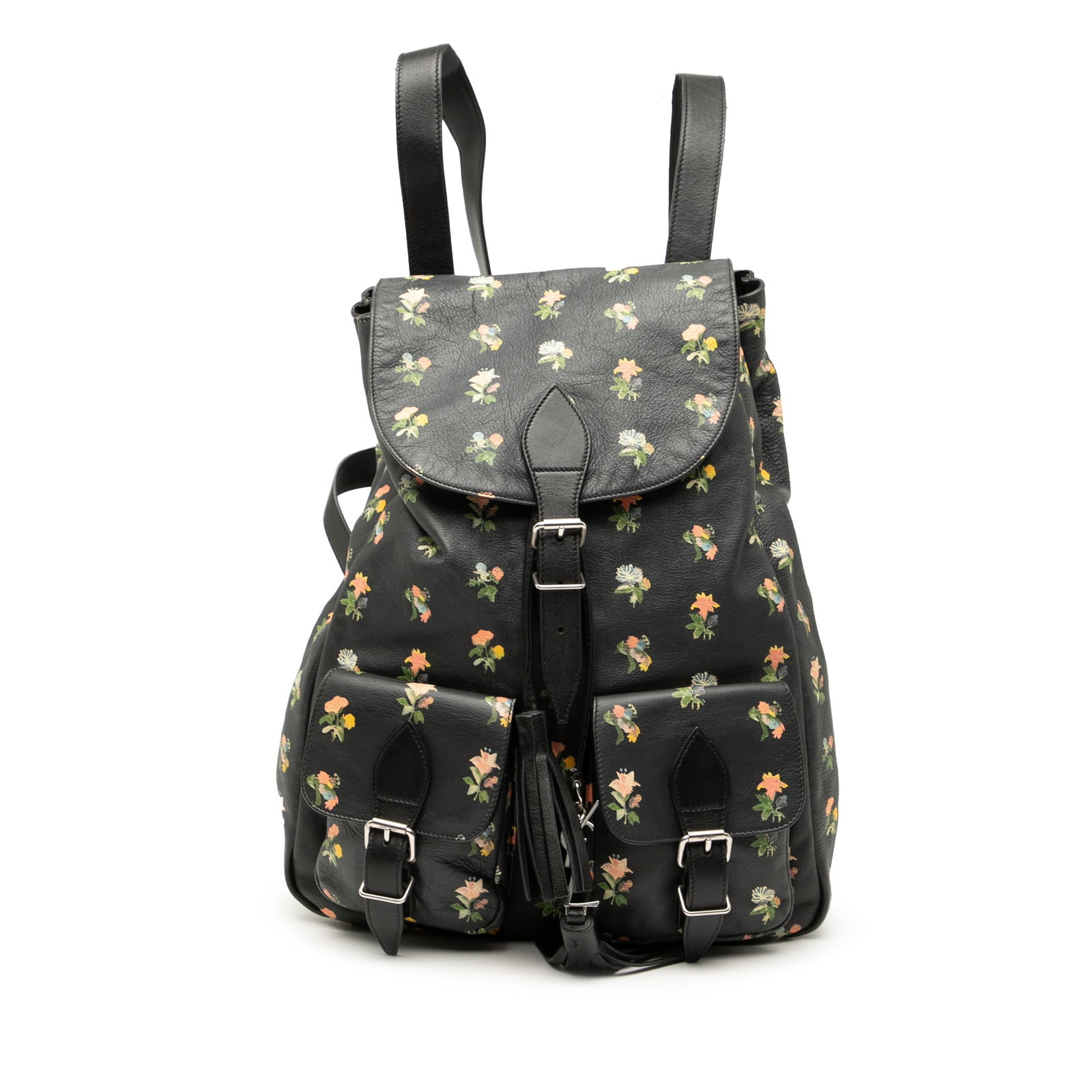 Saint Laurent Leather Floral Printed Festival Backpack Black: Saint Laurent Leather Floral Printed Festival Backpack Black The Saint Laurent Leather Prairie Floral Printed Festival Backpack is a stylish and functional accessory perfect for any festival or casual