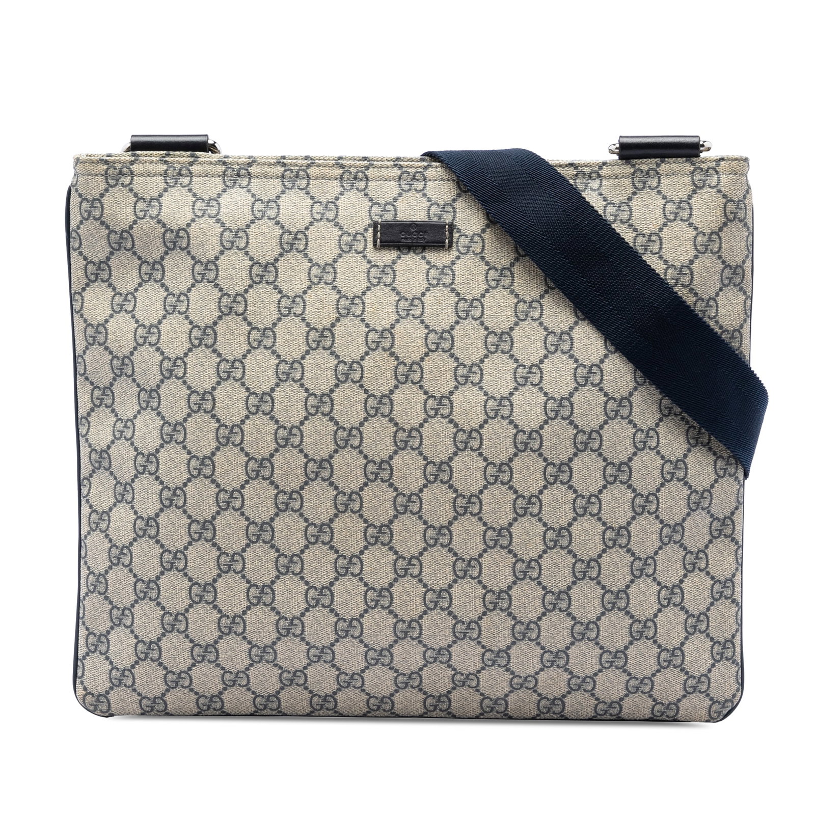 Gucci GG Supreme Beige Coated Canvas Crossbody Bag: Gucci GG Supreme Beige Coated Canvas Crossbody Bag Gucci GG Supreme Crossbody bag with a coated canvas body and leather trim. It features an adjustable flat shoulder strap, top zip closure, and an int