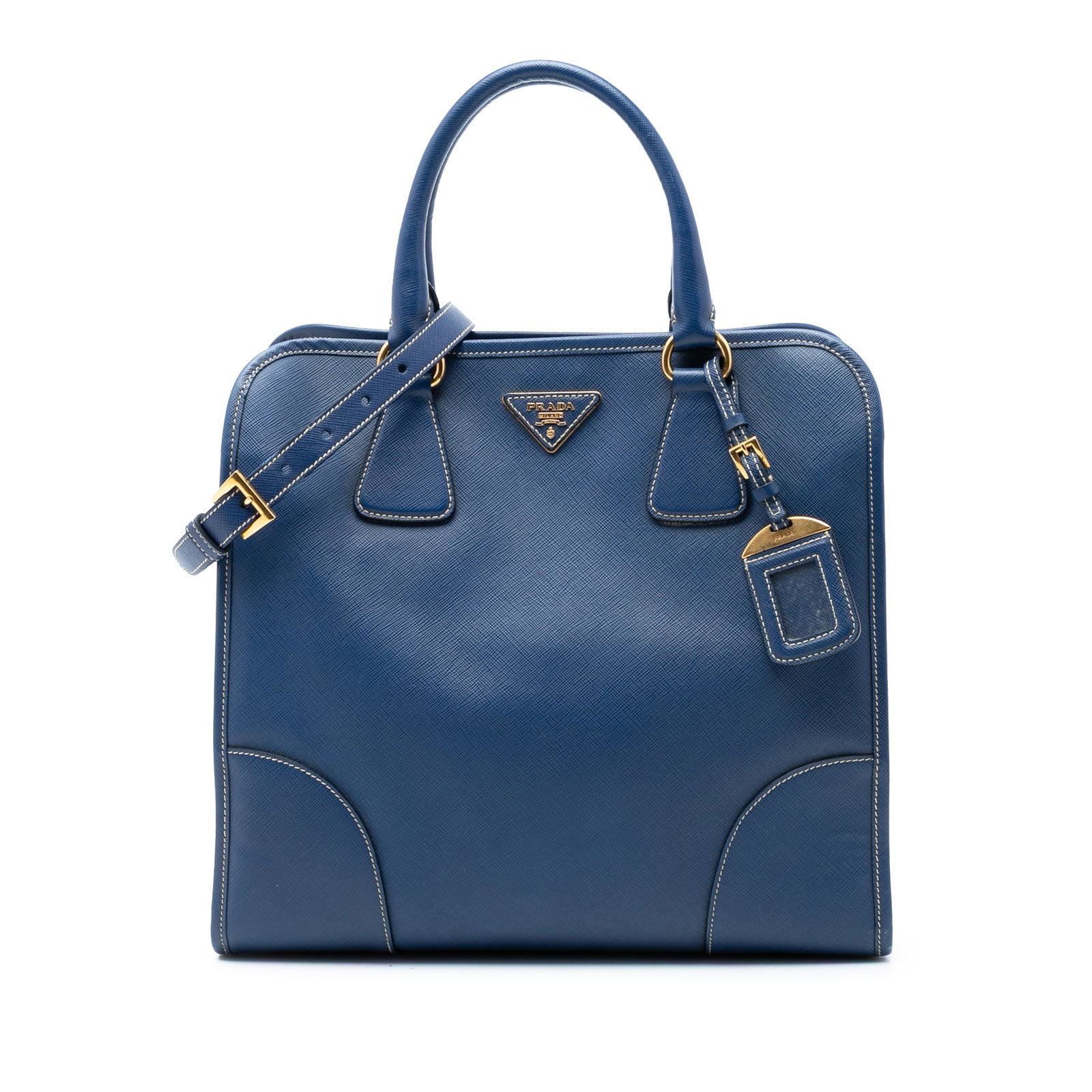 Prada blue leather Saffiano Lux tote bag: Prada blue leather Saffiano Lux tote bag This Prada Saffiano Lux Shopping Tote is crafted from durable saffiano leather in blue and features rolled leather handles, a detachable and adjustable flat le