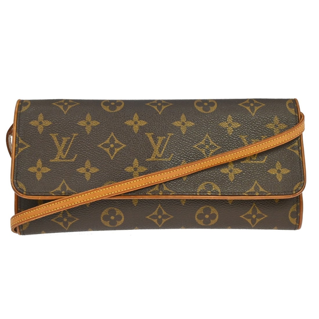 Louis Vuitton Pochette Twin GM Monogram Canvas Crossbody Purse M51852: Louis Vuitton Pochette Twin GM Monogram Canvas Crossbody Purse M51852 Vintage Louis Vuitton Pochette Twin GM crossbody bag in brown Monogram canvas with leather trim and a beige Alcantara lining. This