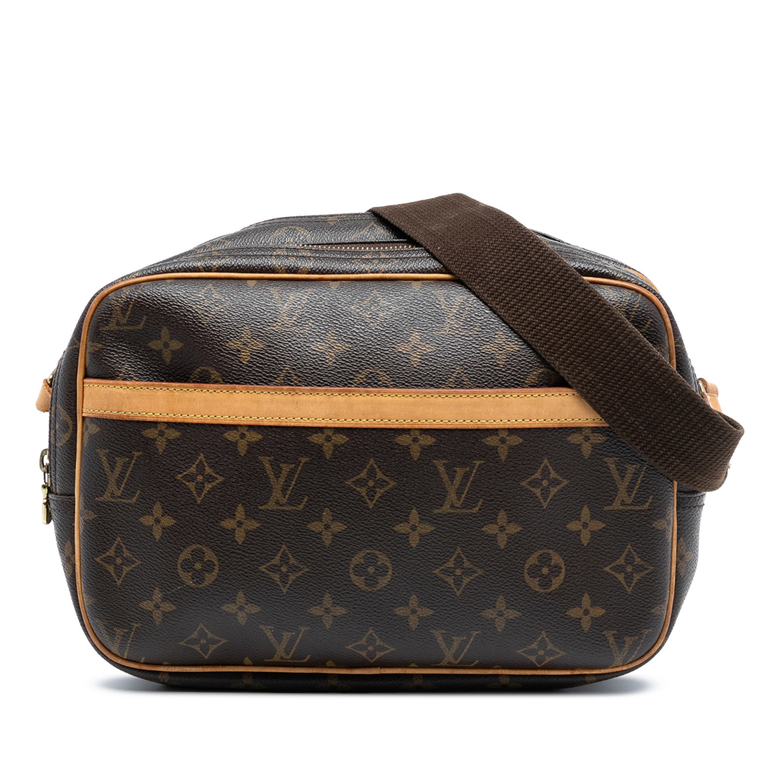 Louis Vuitton Monogram Reporter PM Bag with Adjustable Strap and Double Zip Compartments: Louis Vuitton Monogram Reporter PM Bag with Adjustable Strap and Double Zip Compartments The Louis Vuitton Monogram Reporter PM is crafted from monogram canvas with vachetta leather trim. This bag fea