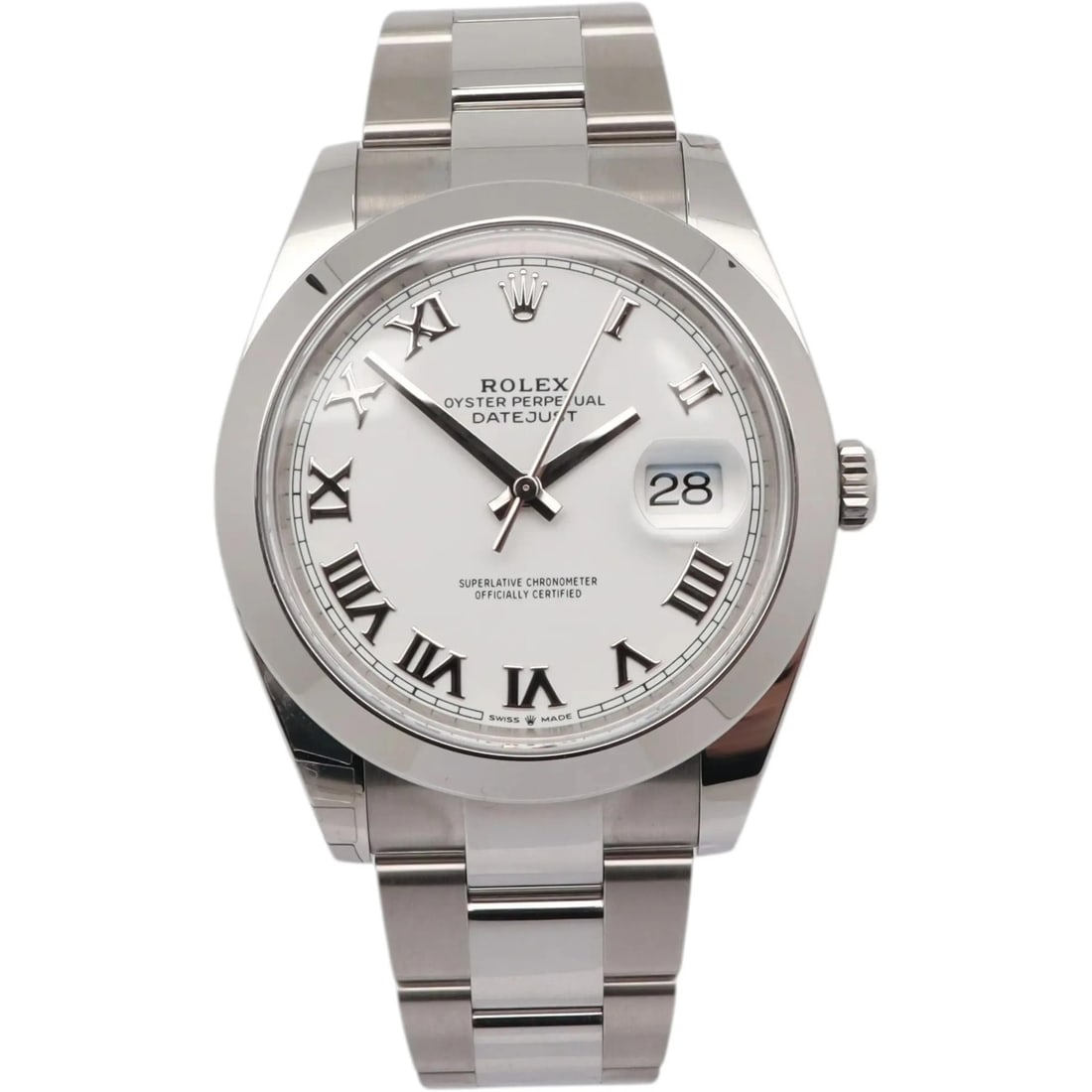 Rolex Datejust 41mm Steel White Roman Dial Automatic Men's Watch 126300: Rolex Datejust 41mm Steel White Roman Dial Automatic Men's Watch 126300 This un-used Rolex Datejust 41 features a white Roman numeral dial and a smooth fixed bezel, crafted in polished stainless steel