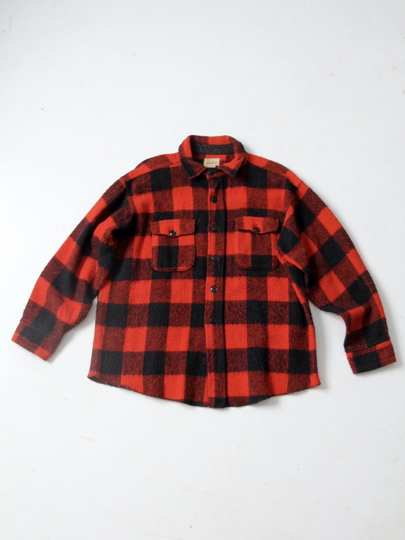 1950s Vintage Melton Wintermaster Shirt Jac Red Black Plaid: 1950s Vintage Melton Wintermaster Shirt Jac Red Black Plaid Step back in time with this authentic 1950s Vintage Melton Shirt Jac, a true classic from the Wintermaster collection. This wooly shirt feat