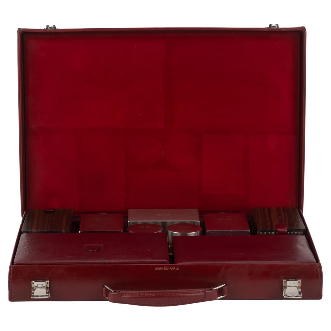 Hermes 1960s Rare Rouge H Box Calf Leather Toiletry Case: Hermes 1960s Rare Rouge H Box Calf Leather Toiletry Case This exquisite toiletry case by Hermes is a rare collectible from the 1960s, crafted from luxurious Rouge H box calf leather and accented with 