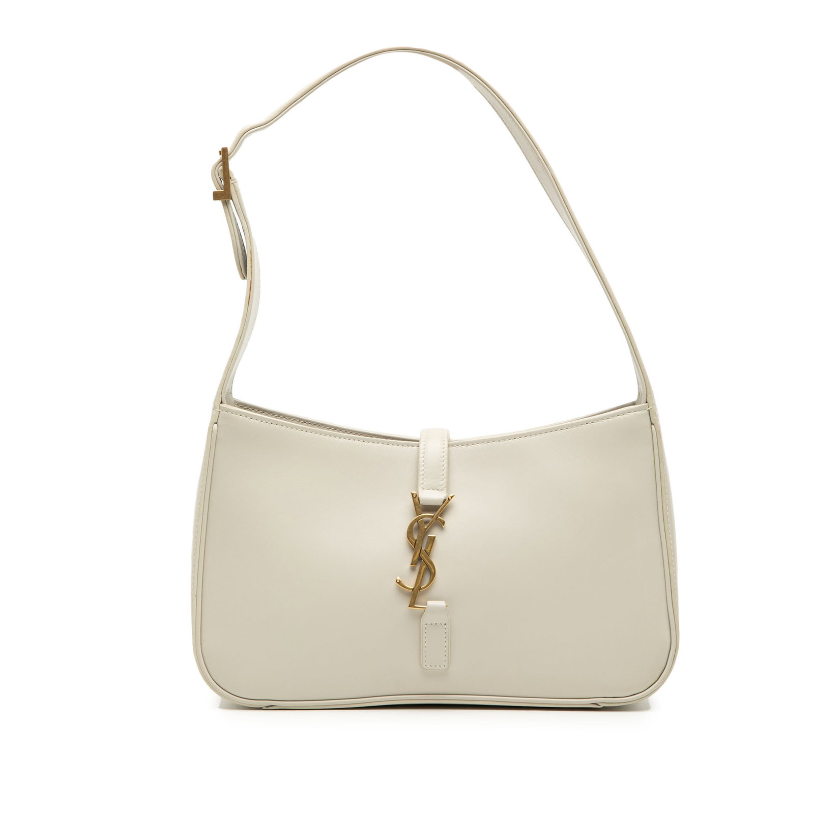 Saint Laurent Le 5 a 7 Smooth Calfskin Shoulder Bag White: Saint Laurent Le 5 a 7 Smooth Calfskin Shoulder Bag White Saint Laurent Le 5 a 7 bag in smooth calfskin with a leather body and flat leather strap. It features an open top with a front pull-through cl
