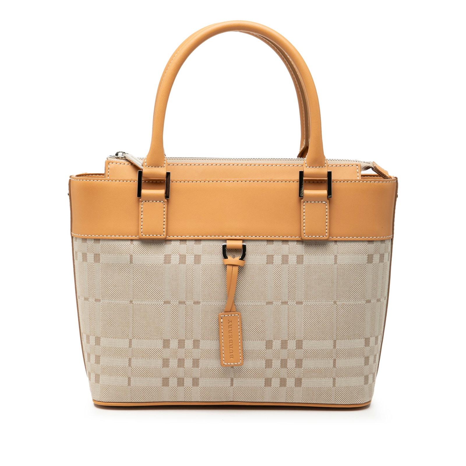 Burberry Canvas Shoulder Bag with Leather Accents and Tonal Check Pattern: Burberry Canvas Shoulder Bag with Leather Accents and Tonal Check Pattern This Burberry handbag features a tonal check canvas body with leather trim, rolled leather handles, a top zip closure, and int