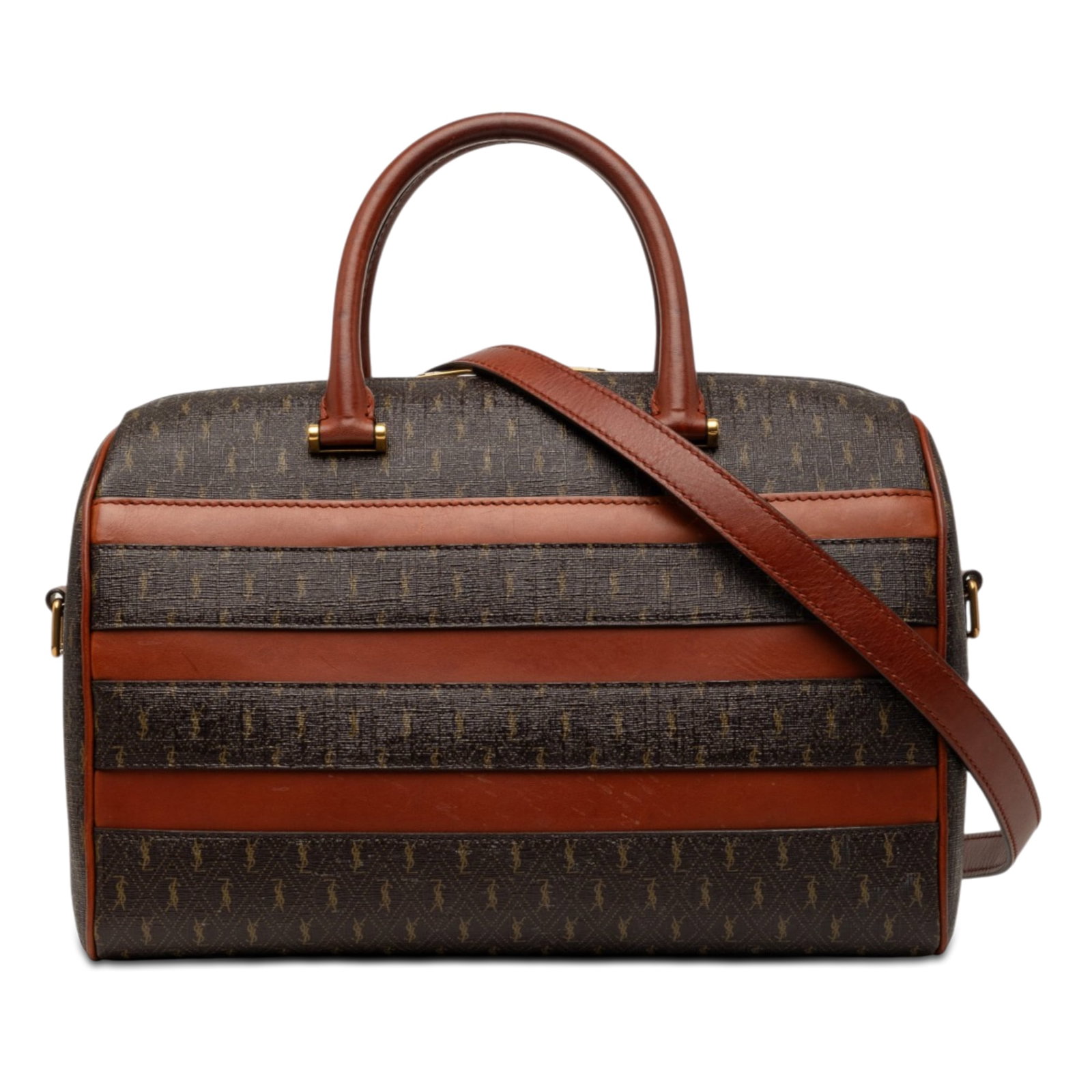 Saint Laurent Le Monogramme Striped Boston Satchel Coated Canvas Leather: Saint Laurent Le Monogramme Striped Boston Satchel Coated Canvas Leather This Saint Laurent Boston bag is crafted from coated canvas and leather in a brown striped design. It features rolled leather t