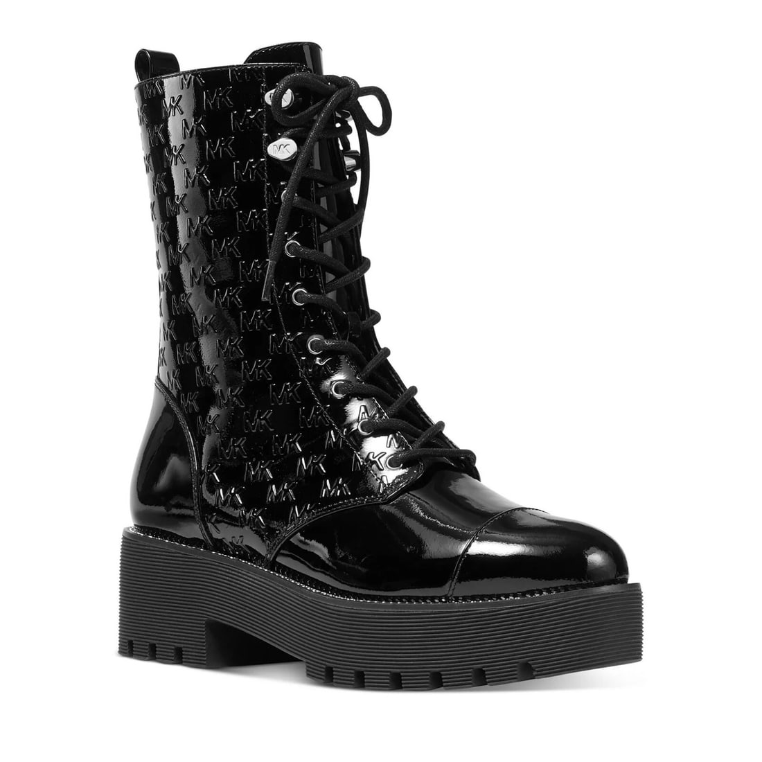 Michael Kors Bryce Black Leather Combat Booties Women's 5M: Michael Kors Bryce Black Leather Combat Booties Women's 5M Step out in style with the MICHAEL MICHAEL KORS Women's Bryce Logo Lace-Up Lug Sole Combat Booties. Crafted from high-quality leather, these 