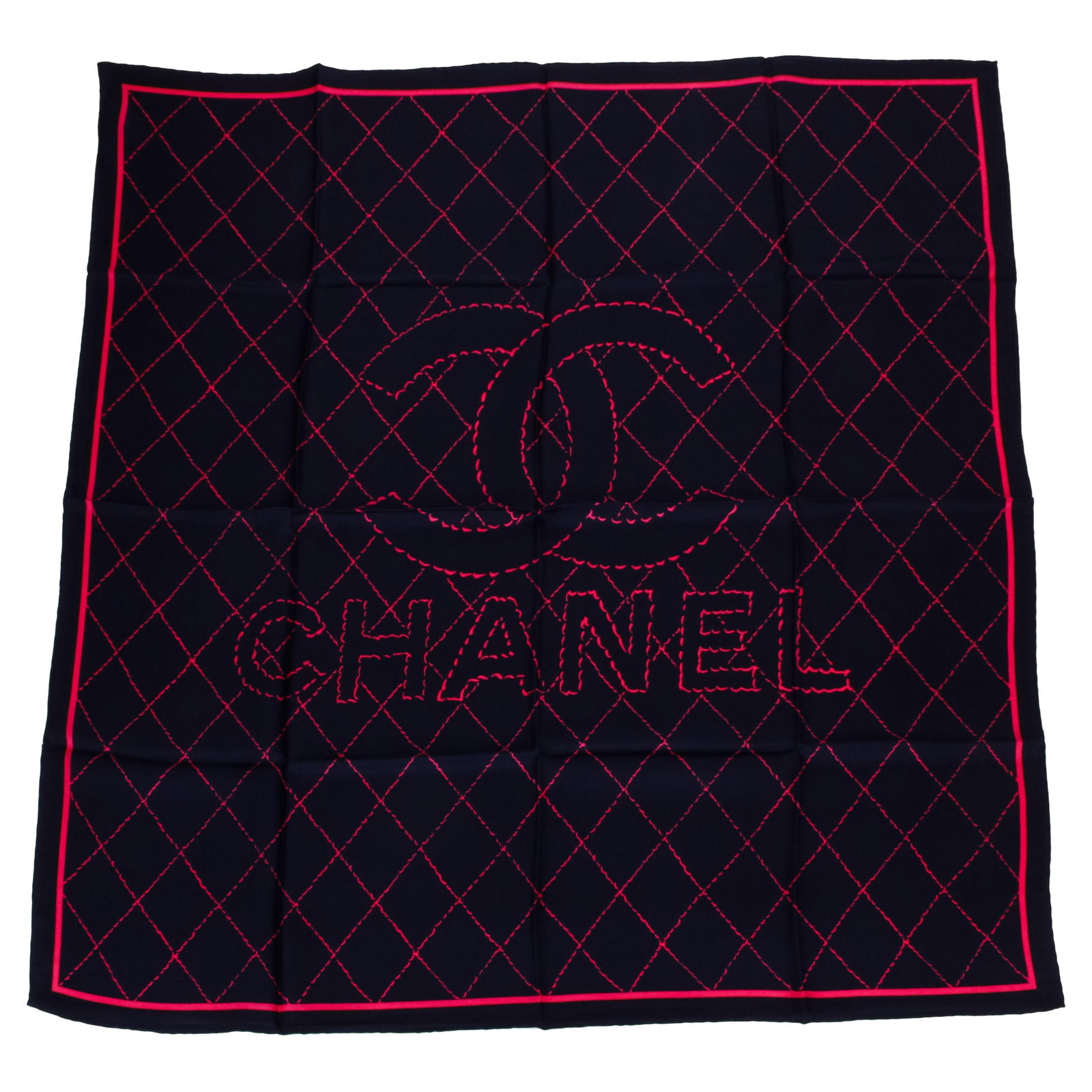 Chanel Blue Pink Quilted Silk Scarf 35 x 35 Italy: Chanel Blue Pink Quilted Silk Scarf 35 x 35 Italy Elevate your accessory collection with this exquisite Chanel scarf, featuring a striking blue and pink quilted design adorned with the iconic Chanel l