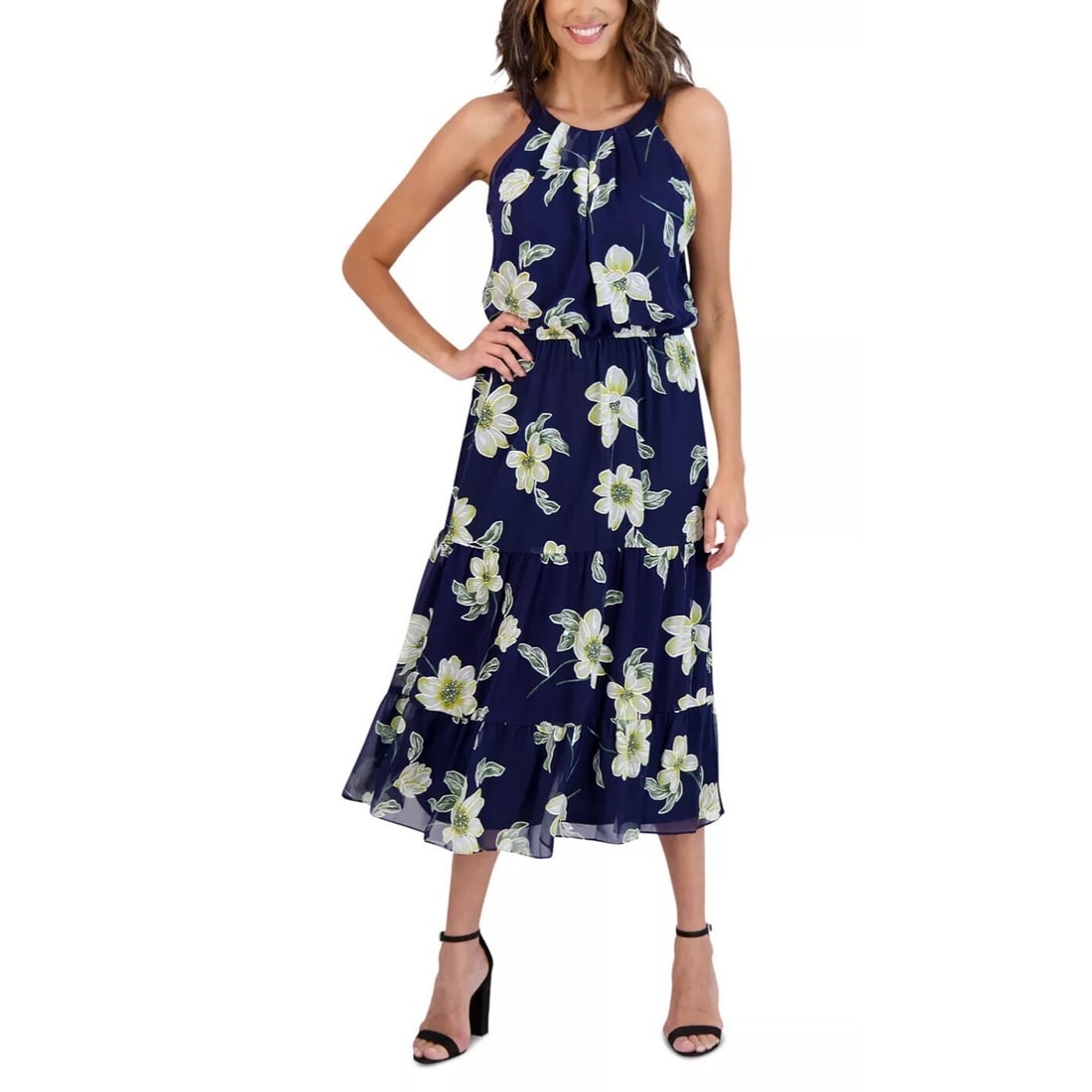 Robbie Bee Floral Chiffon Halter Maxi Dress 10P Navy (1 of 5)