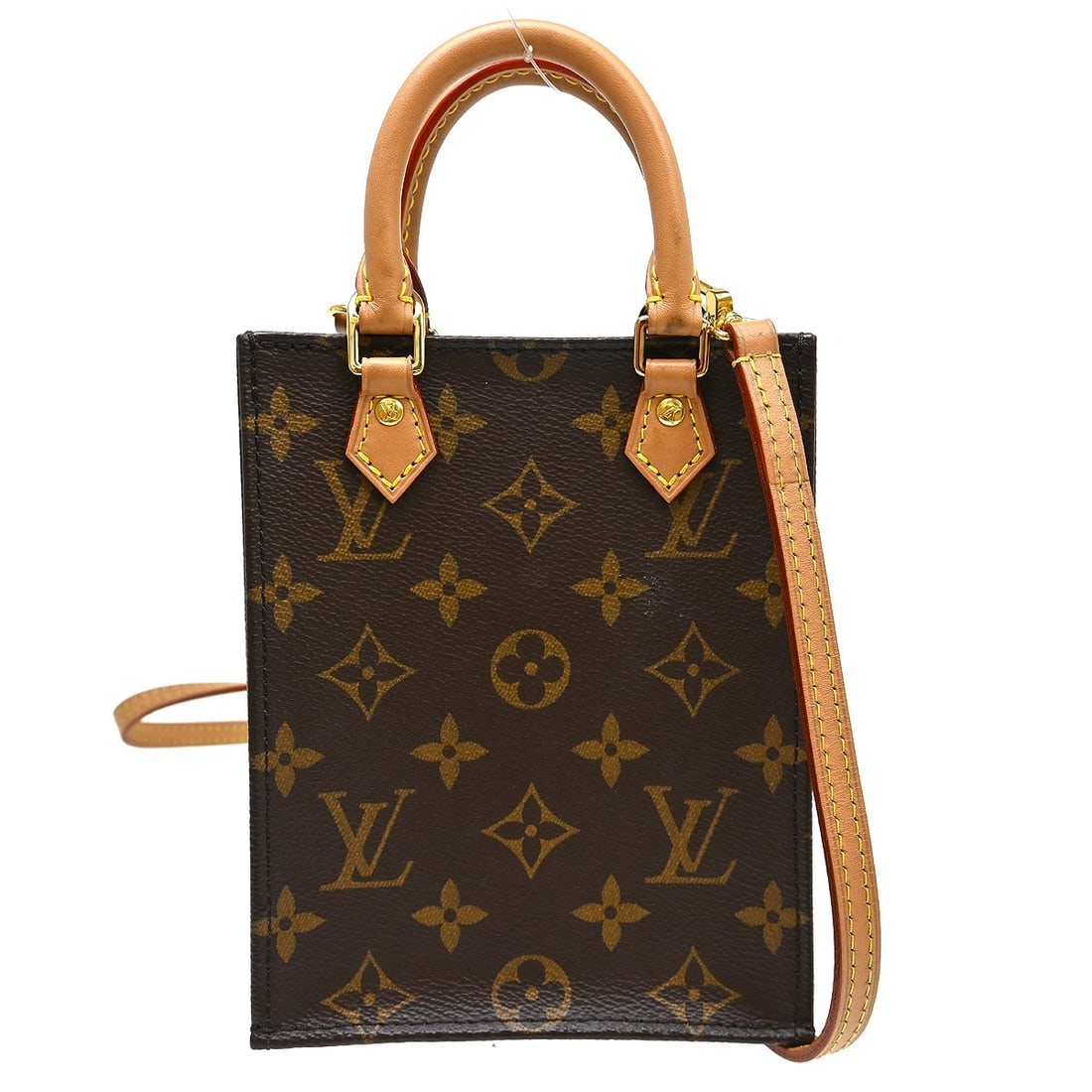 Louis Vuitton Petit Sac Plat Monogram 2way Brown Tote M69442: Louis Vuitton Petit Sac Plat Monogram 2way Brown Tote M69442 Louis Vuitton Petit Sac Plat 2way handbag in brown Monogram canvas with leather trim. This small tote features double handles, an open inte