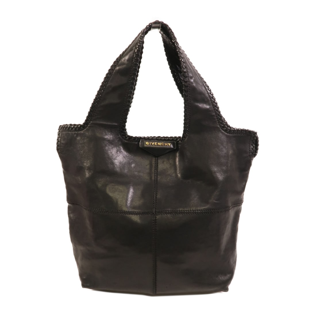 GIVENCHY Black Calfskin Shoulder Tote Handbag: GIVENCHY Black Calfskin Shoulder Tote Handbag A GIVENCHY tote shoulder bag in black calfskin leather. It features a magnetic pocket and an interior layout with two open pockets and one zip pocket. The