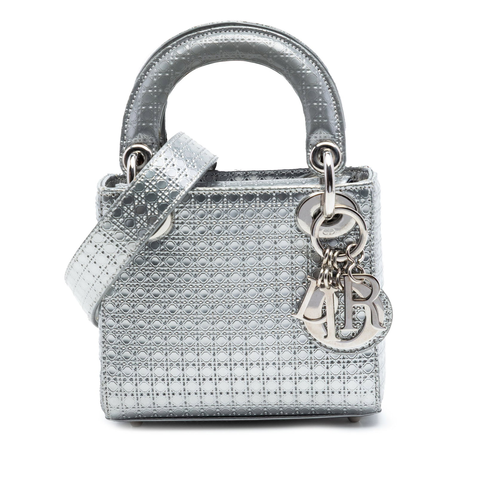 Dior Lady Dior Micro Metallic Patent Leather Bag Silver: Dior Lady Dior Micro Metallic Patent Leather Bag Silver This Lady Dior bag is crafted in metallic silver patent leather with the signature Microcannage design. It features flat top handles, a detachab