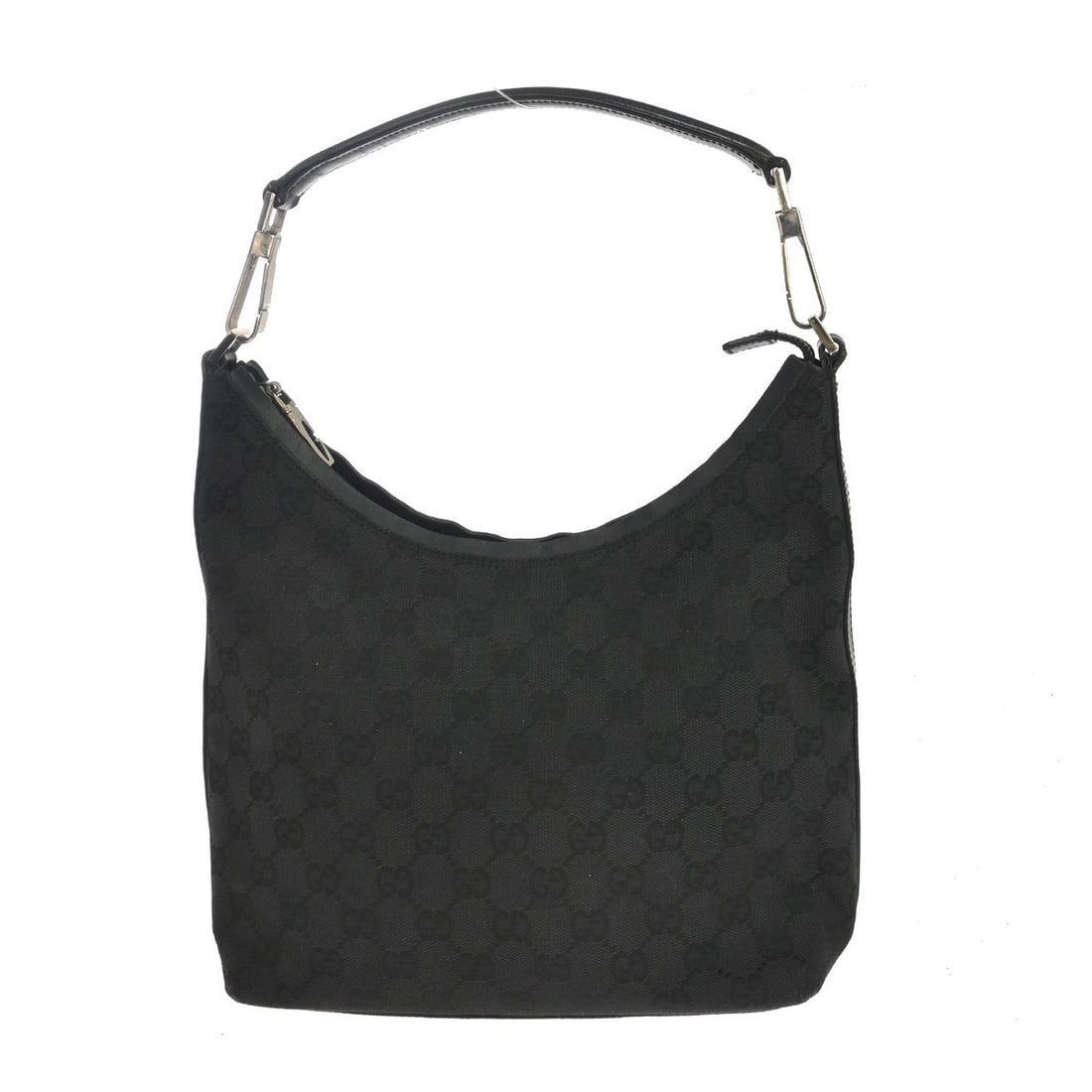 Gucci GG Vintage Medium Black Canvas Leather Handbag Italy: Gucci GG Vintage Medium Black Canvas Leather Handbag Italy Vintage Gucci GG handbag in black canvas and leather with a clasp closure and inner zipper pocket. This women's medium handbag features the G