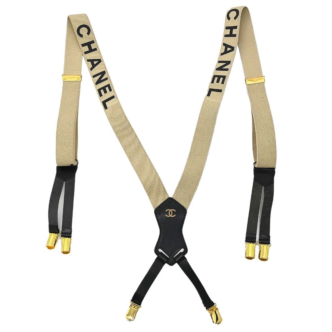 CHANEL Beige Leather Suspenders Women One Size France: CHANEL Beige Leather Suspenders Women One Size France Chanel women's suspenders in beige with black and gold accents. Made in France, this one-size accessory is crafted from canvas and leather with go