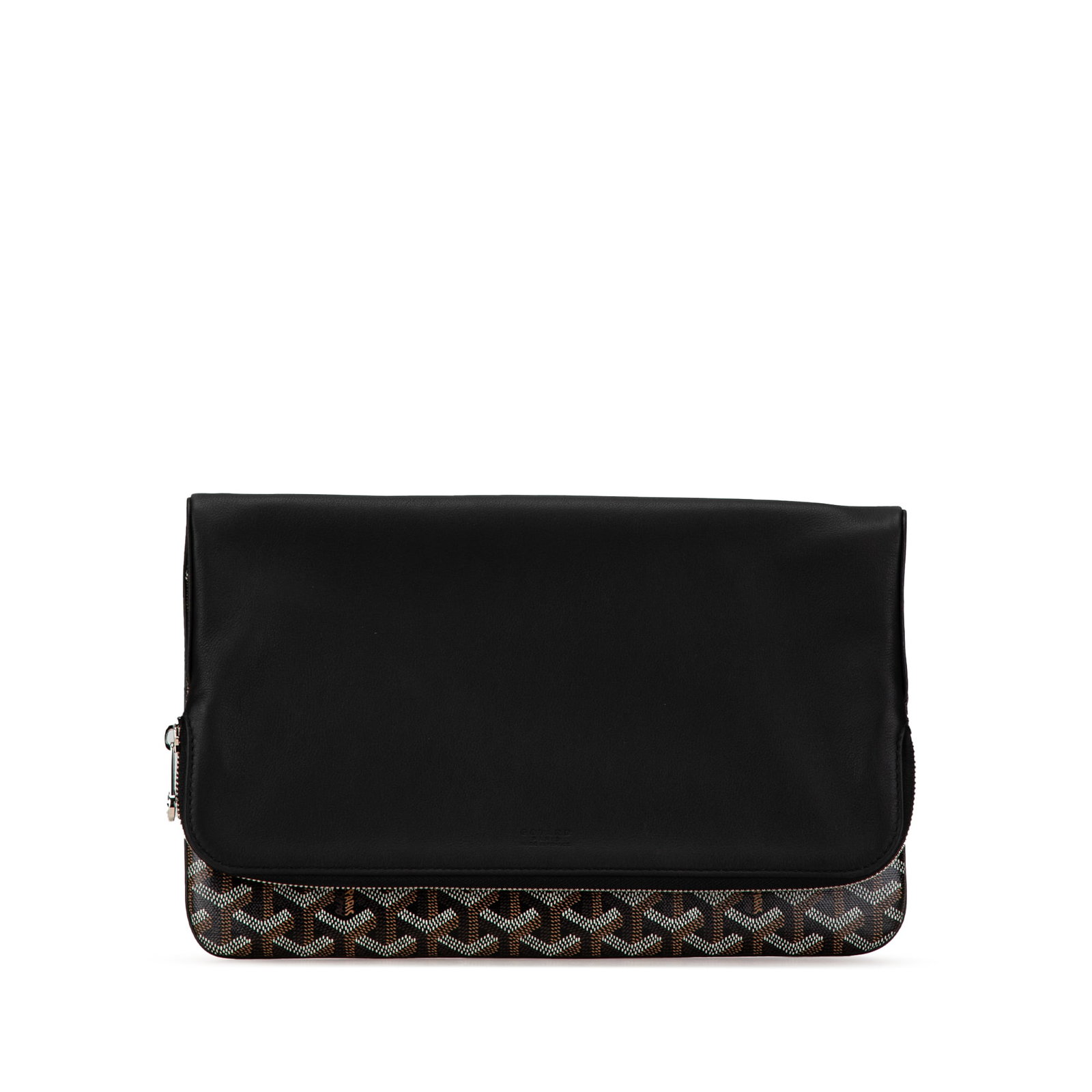 Goyard Goyardine Sainte Marie Black Canvas Clutch with Leather Trim: Goyard Goyardine Sainte Marie Black Canvas Clutch with Leather Trim This Goyardine Sainte Marie clutch bag features a coated canvas body with leather trim and a leather flap with zip closure. The bag 