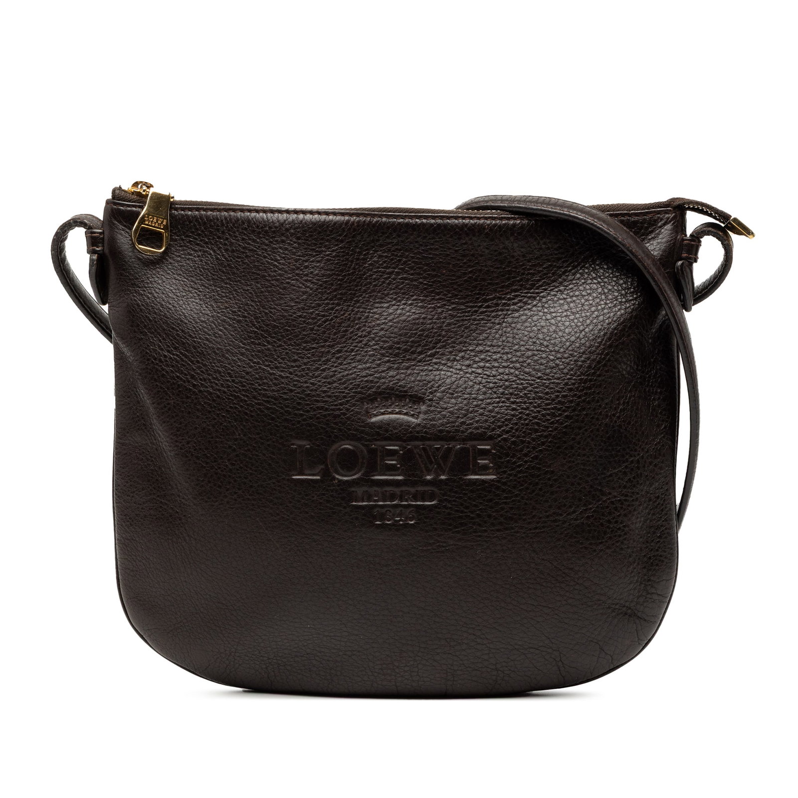 Loewe Heritage Brown Leather Crossbody Bag with Zip Top Closure: Loewe Heritage Brown Leather Crossbody Bag with Zip Top Closure This LOEWE Leather Heritage Crossbody bag features a brown leather body, a flat leather strap, a top zip closure, and an interior slip p
