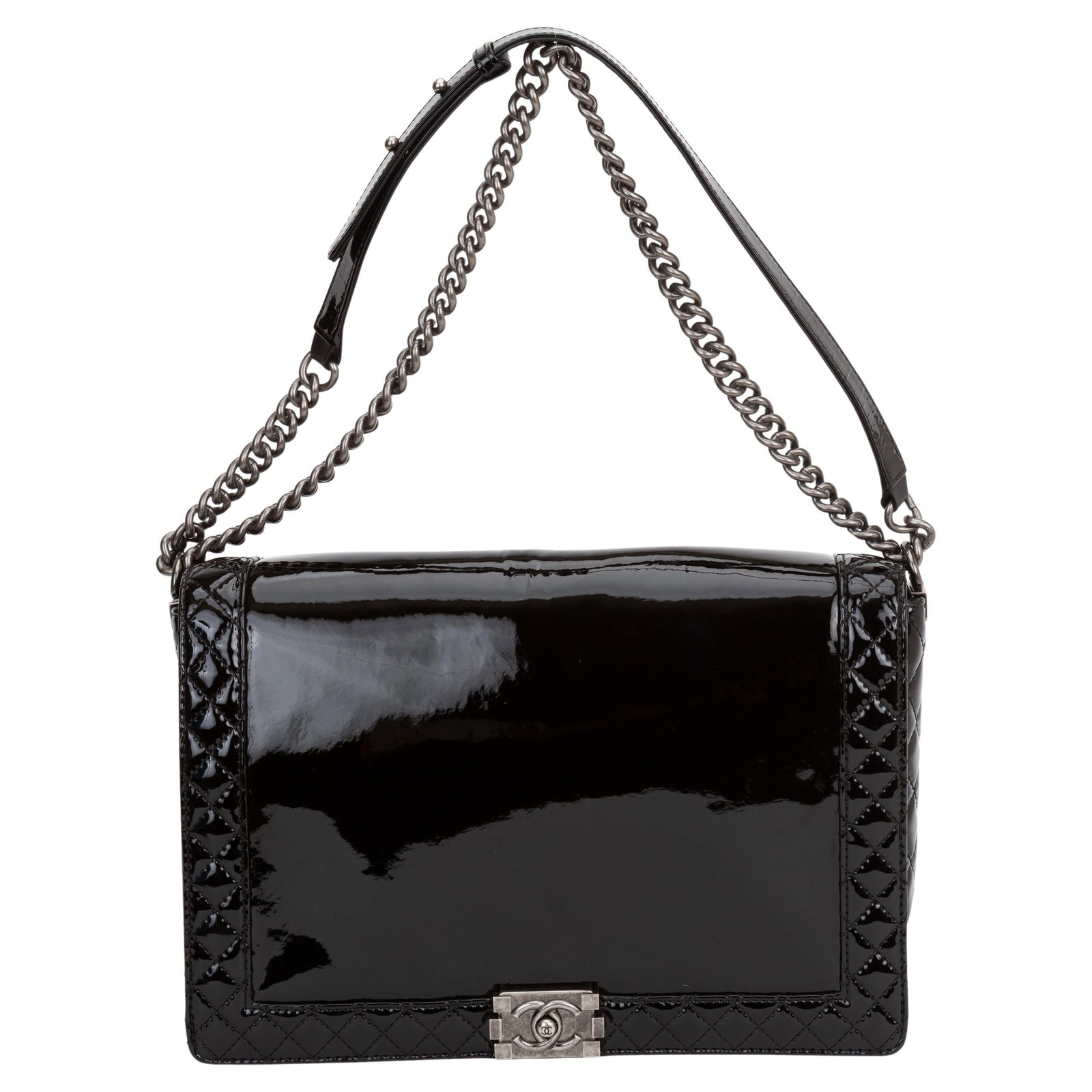Chanel black patent leather Boy shoulder bag with dust bag: Chanel black patent leather Boy shoulder bag with dust bag This Chanel Patent Leather Maxi Boy Bag is crafted from black patent leather and features a push-lock closure with a chain link shoulder stra