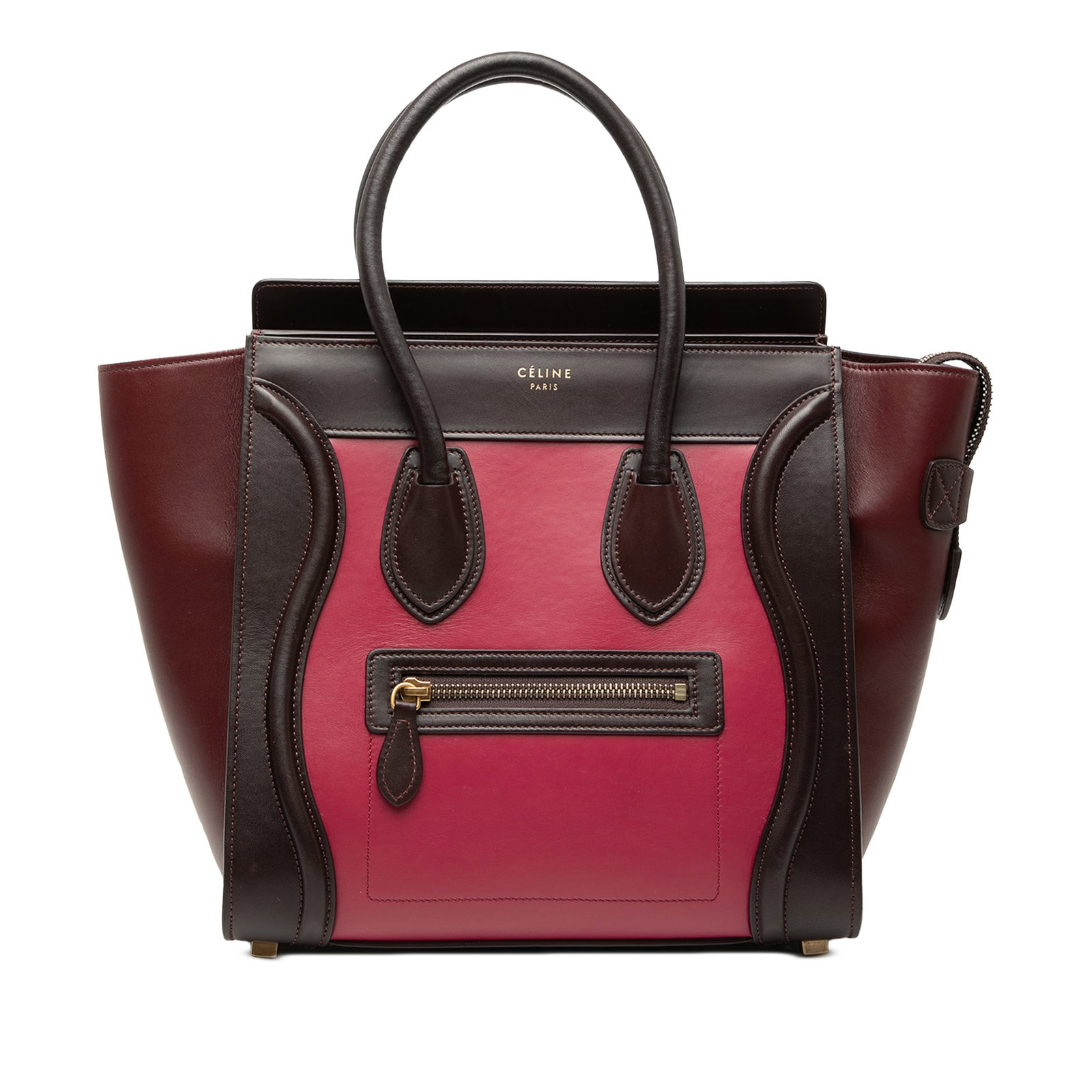 Celine Micro Luggage Tote Pink Leather: Celine Micro Luggage Tote Pink Leather This Celine Micro Tricolor Leather Luggage Tote is crafted from high-quality leather and features rolled leather handles, a top zip closure, an exterior front zi