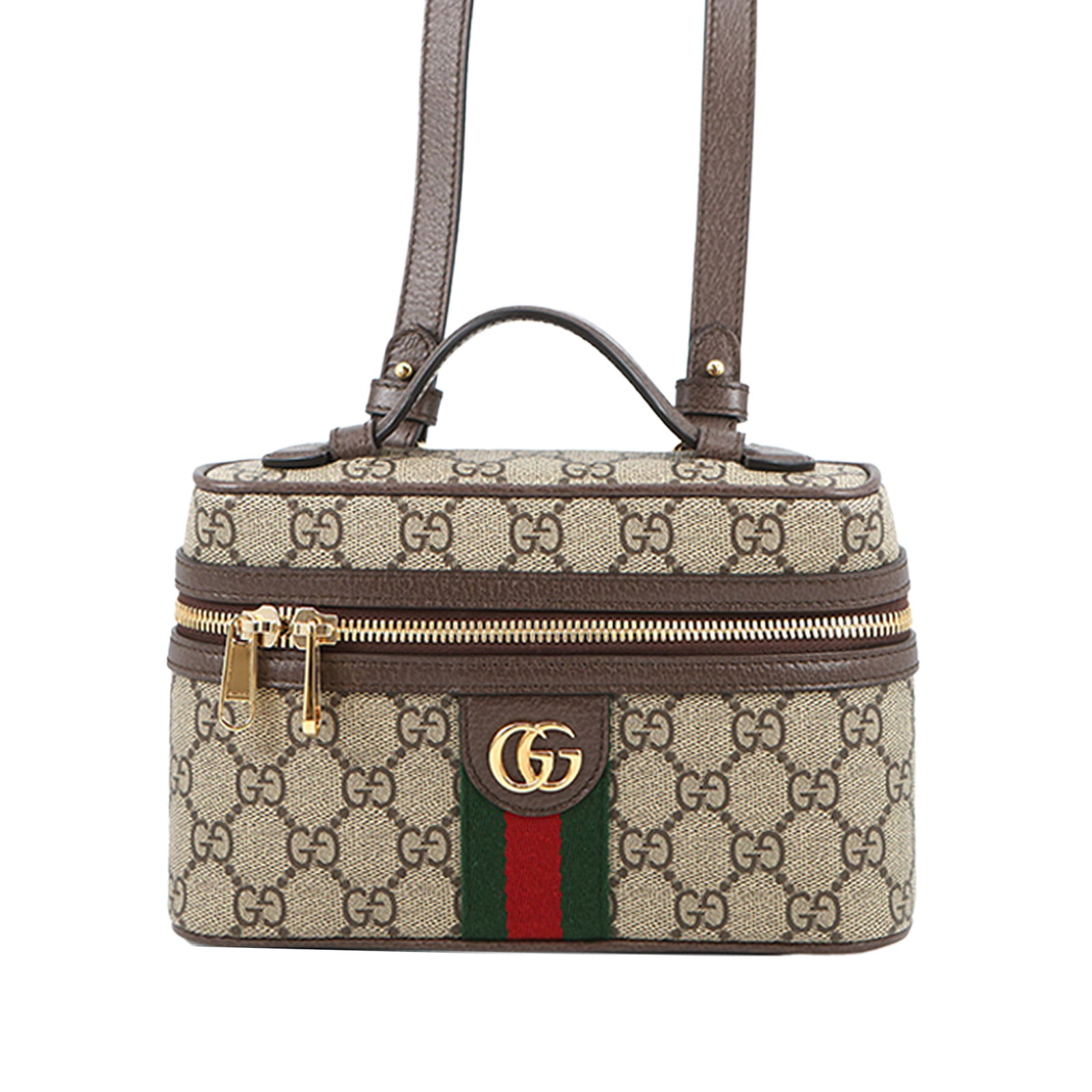 Gucci Ophidia Small Vanity Bag in GG Supreme with Web Trim: Gucci Ophidia Small Vanity Bag in GG Supreme with Web Trim A small Gucci Ophidia vanity bag in beige GG Supreme coated canvas with web canvas trim. It features a flat leather top handle, a flat leathe