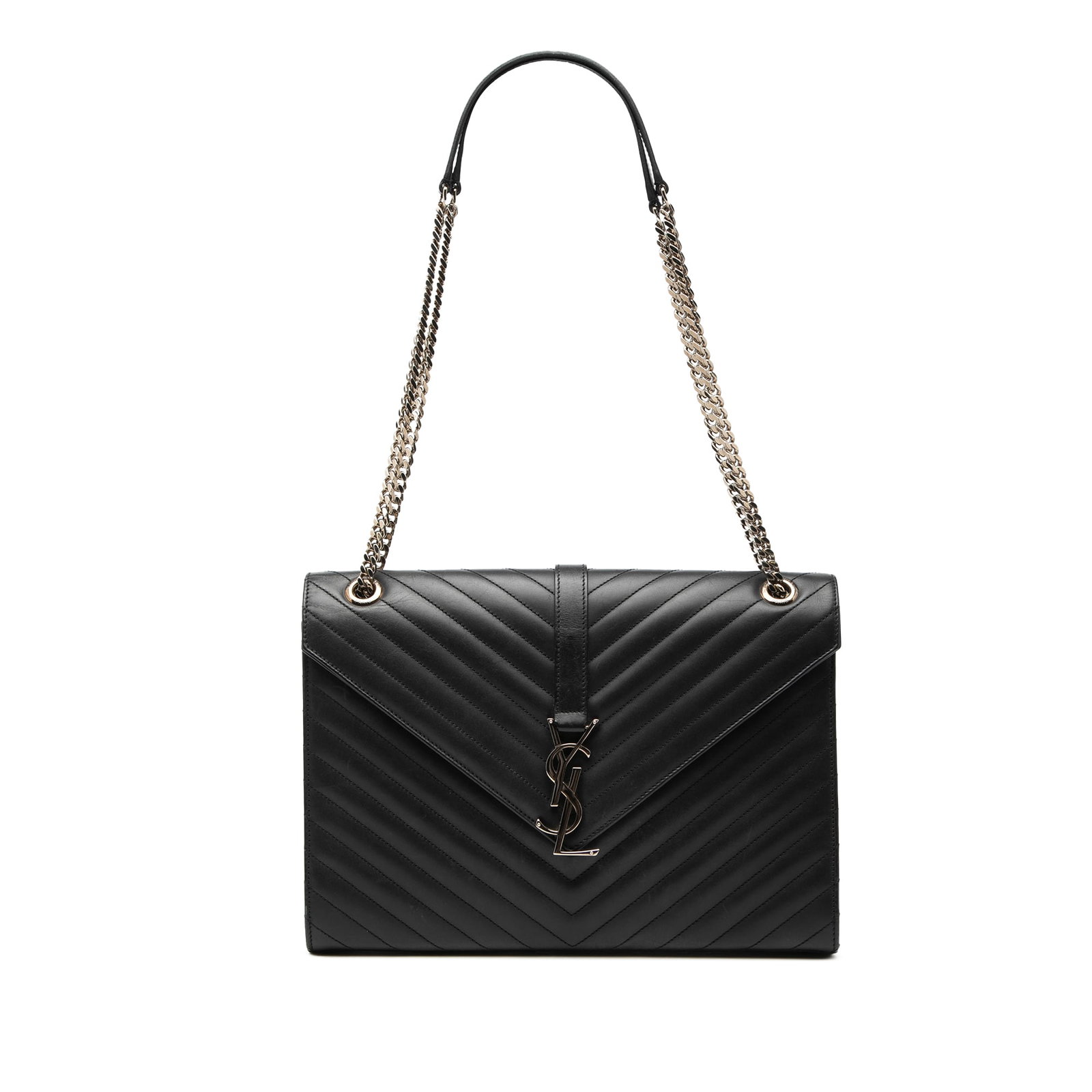 Saint Laurent Chevron Envelope Bag Large Calfskin Leather Black: Saint Laurent Chevron Envelope Bag Large Calfskin Leather Black This large envelope bag features a quilted leather body with a chevron pattern, curb chain link straps with leather shoulder guards, and
