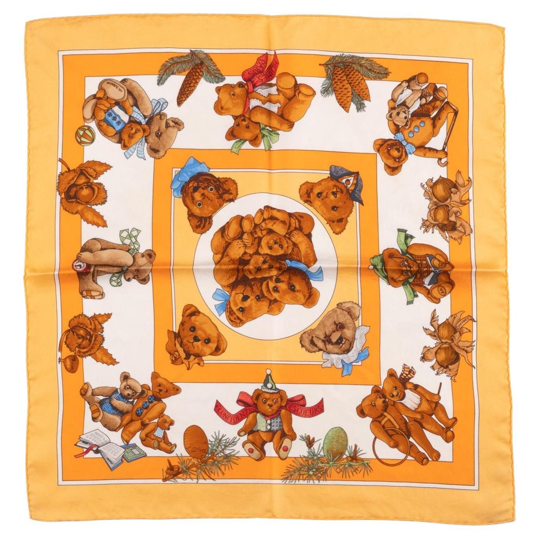 Confidents des Coeurs Silk Gavroche by Hermes Hand-Rolled Edges: Confidents des Coeurs Silk Gavroche by Hermes Hand-Rolled Edges Hermes "Confidents des Coeurs" Gavroche scarf crafted from 100% silk, featuring hand-rolled edges. Designed by Loic Dubigeon in the 1990