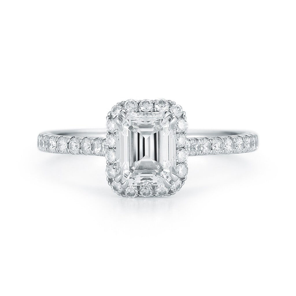 Rachel Koen Platinum Halo Engagement Ring 1.65ct Emerald Cut Diamond GIA Certified: Rachel Koen Platinum Halo Engagement Ring 1.65ct Emerald Cut Diamond GIA Certified This exquisite Rachel Koen engagement ring features a stunning emerald cut diamond set in a luxurious platinum halo. 
