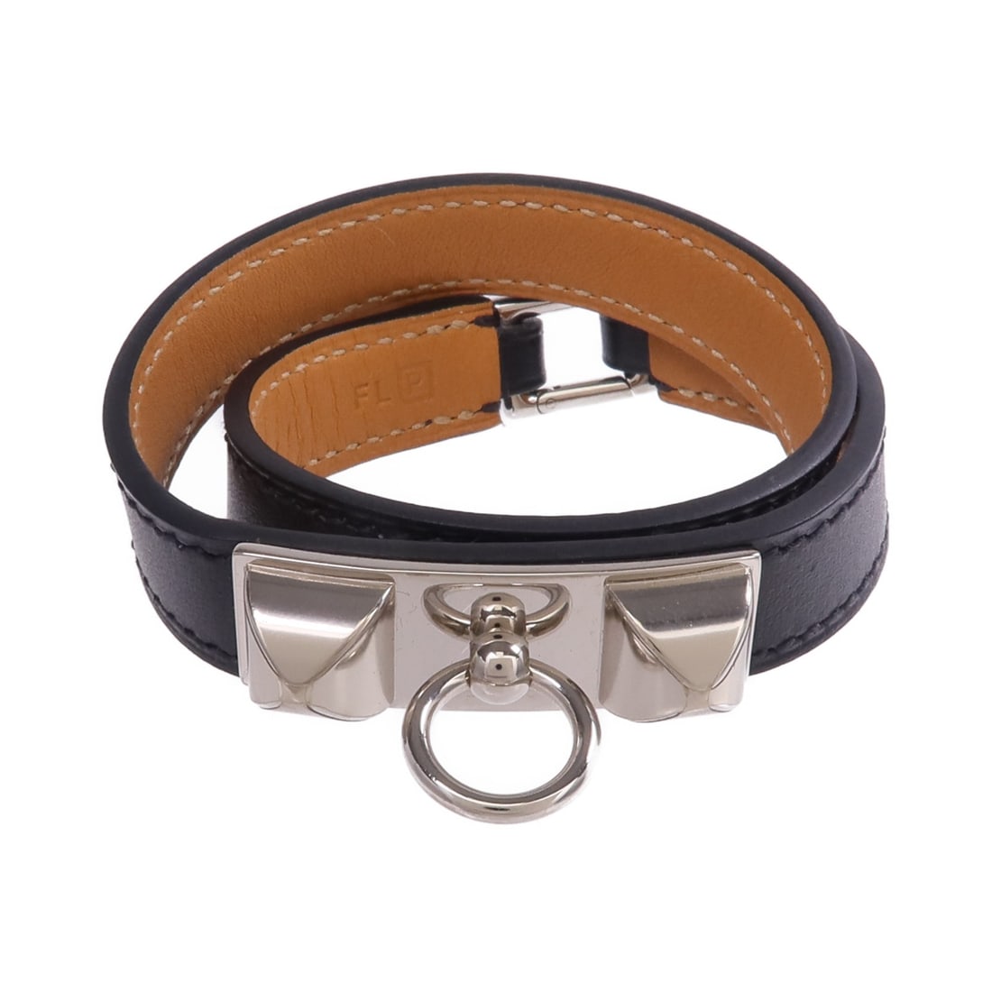 Hermes Rivale Double Tour Bracelet Black Chamonix Calfskin PHW: Hermes Rivale Double Tour Bracelet Black Chamonix Calfskin PHW Hermes Rivale Double Tour bracelet in Chamonix leather, presented in Noir Black x Black. It is a women's regular-size bracelet made from 