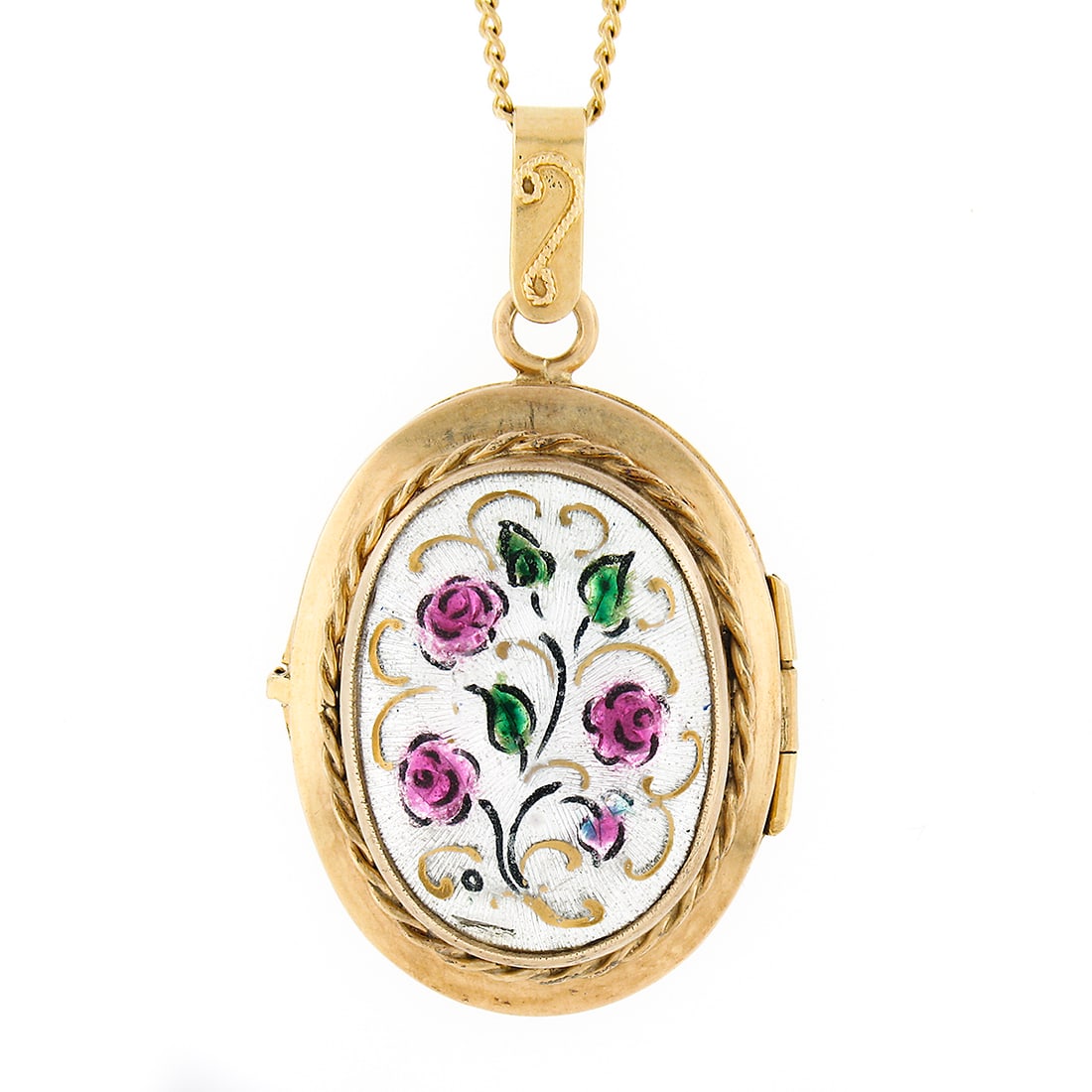 Vintage 14k Yellow Gold Enamel Flower Locket Pendant with 20 Inch Chain: Vintage 14k Yellow Gold Enamel Flower Locket Pendant with 20 Inch Chain This exquisite vintage oval locket pendant is crafted from solid 14k yellow gold, featuring stunning hand-painted floral designs
