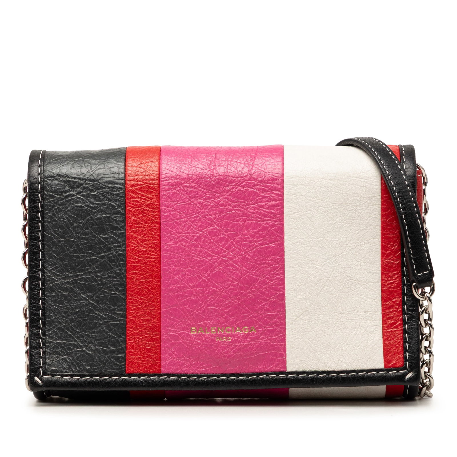 Balenciaga Bazar Leather Crossbody Bag in Pink: Balenciaga Bazar Leather Crossbody Bag in Pink Balenciaga Lambskin Bazar Crossbody in pink leather with a detachable chain-link strap and leather shoulder guard. The bag features a front flap with mag