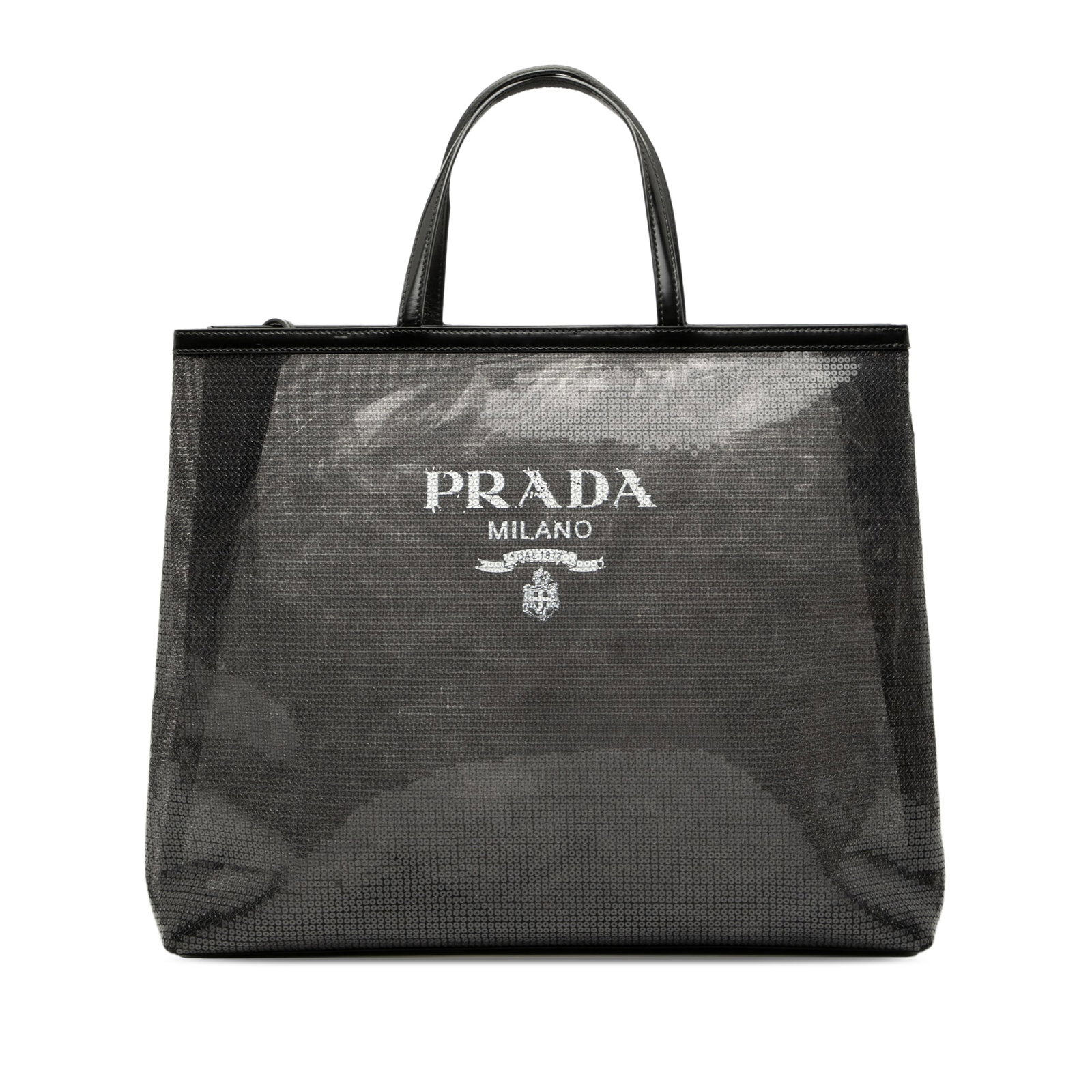 Prada Large Black Sequined Mesh Logo Tote with Leather Trim (1 of 8)