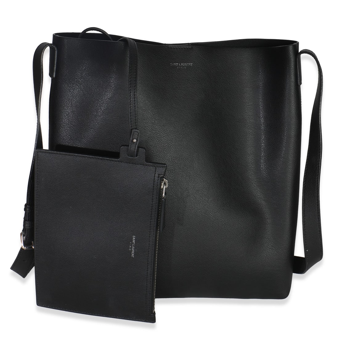 Black Leather Hobo Bag by Saint Laurent with Accessories: Black Leather Hobo Bag by Saint Laurent with Accessories This Saint Laurent Bold Hobo features a black leather exterior with a gray suede lining. The bag has an open top closure and silver-tone hardwa