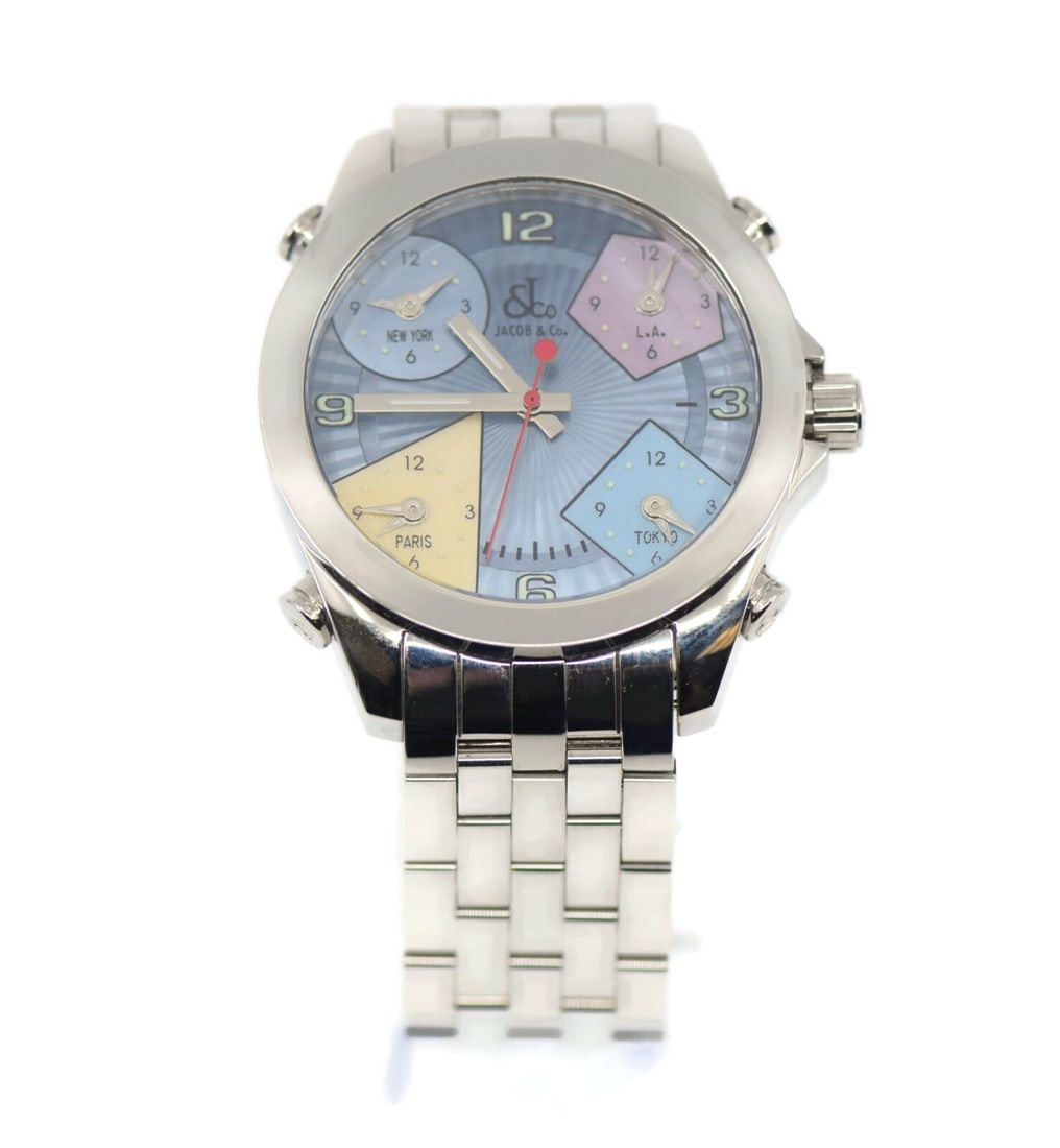 Jacob & Co Five Time Zone JCM-23 Stainless Steel Quartz Watch: Jacob & Co Five Time Zone JCM-23 Stainless Steel Quartz Watch Presenting the Jacob & Co. Five Time Zone Wristwatch, a sophisticated timepiece crafted from high-quality stainless steel. This watch is p