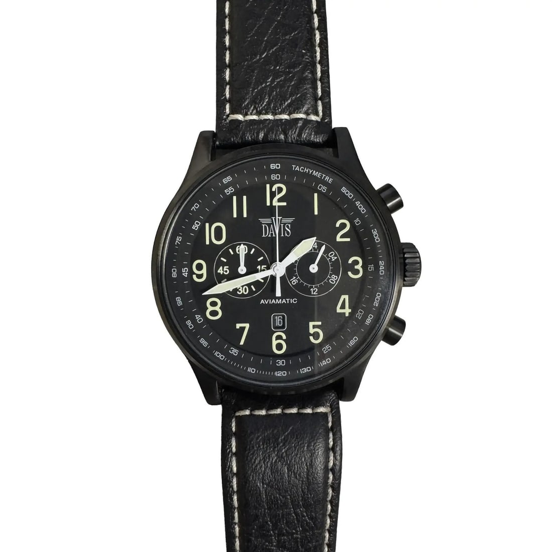 Davis Aviamatic Chronograph 48mm Men's Quartz Watch Black Dial Leather Strap: Davis Aviamatic Chronograph 48mm Men's Quartz Watch Black Dial Leather Strap The Davis Aviamatic Chronograph is a stylish men's quartz watch that combines functionality with a sleek design. The watch 