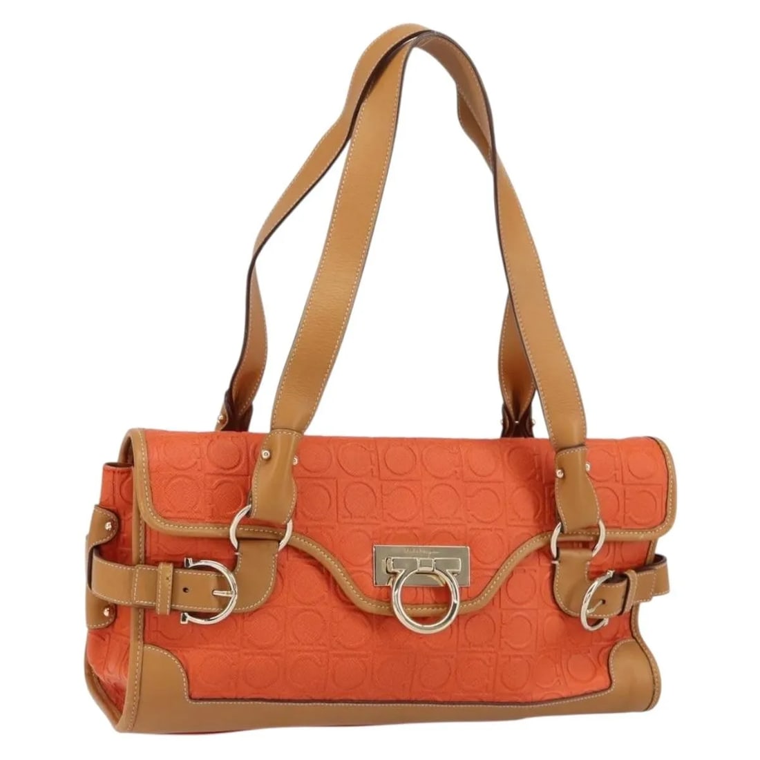 Salvatore Ferragamo Gancini Orange PVC Shoulder Bag: Salvatore Ferragamo Gancini Orange PVC Shoulder Bag This Salvatore Ferragamo Gancini shoulder bag features a stylish orange PVC exterior and is designed for women. The bag is pre-owned and in good con