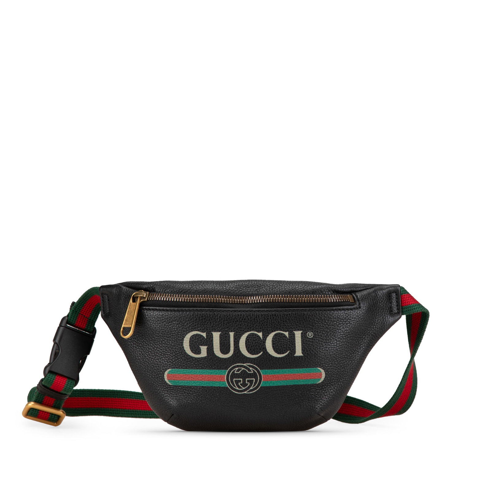 Gucci Black Leather Logo Belt Bag with Nylon Strap: Gucci Black Leather Logo Belt Bag with Nylon Strap The Gucci Leather Logo Belt Bag is a stylish accessory crafted from printed leather. It features an adjustable nylon strap with a secure buckle closu
