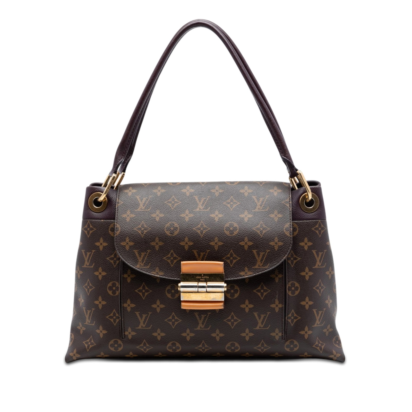 Louis Vuitton Olympe MM Monogram Shoulder Bag: Louis Vuitton Olympe MM Monogram Shoulder Bag Louis Vuitton Monogram Olympe MM bag crafted with a monogram canvas body and rolled leather handles. The design includes a front flap with a slit pocket, 