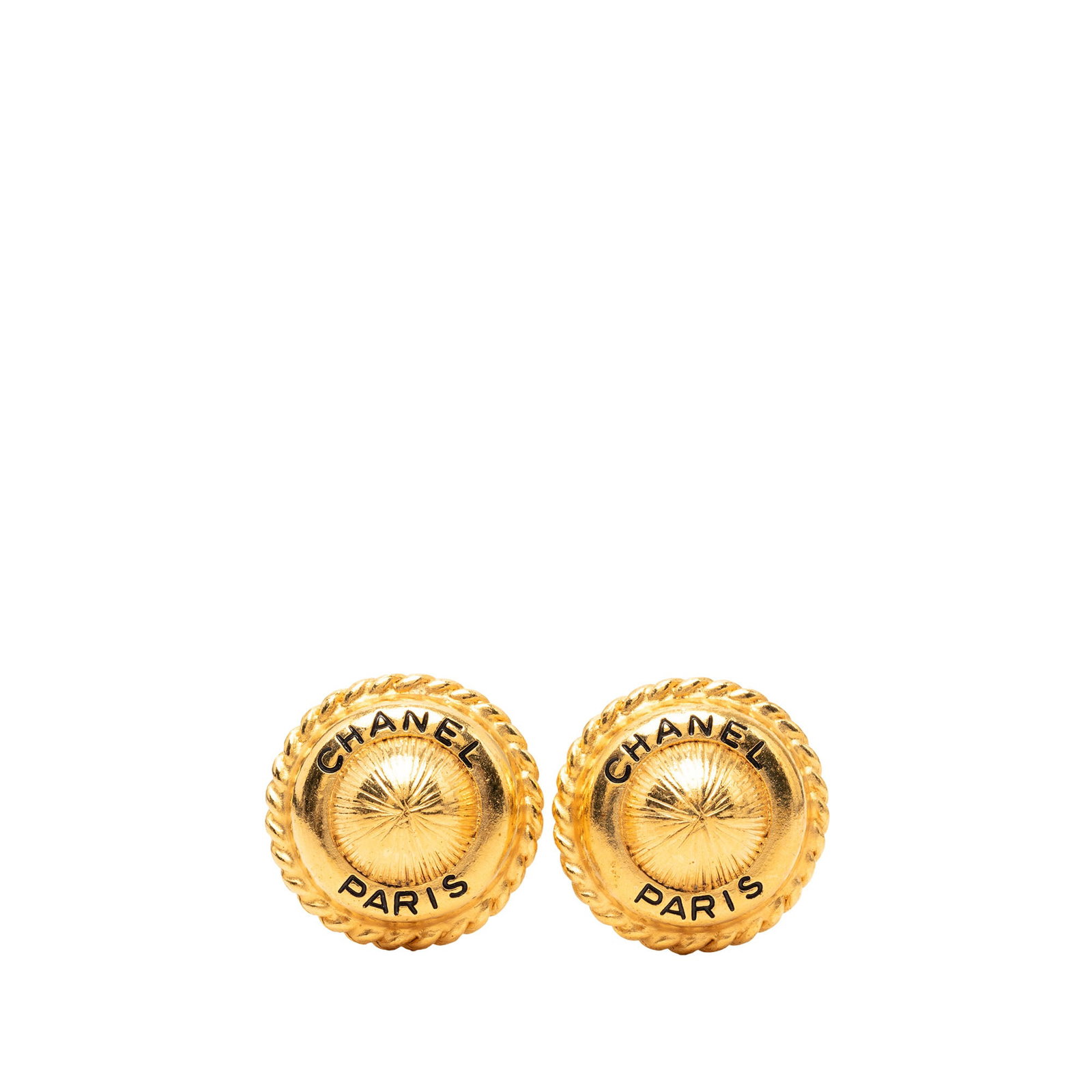Chanel round logo clip earrings gold tone metal: Chanel round logo clip earrings gold tone metal Round clip-on earrings with a Chanel logo design in gold tone metal. This costume jewelry piece is made in France and features clip-on closures. Conditi