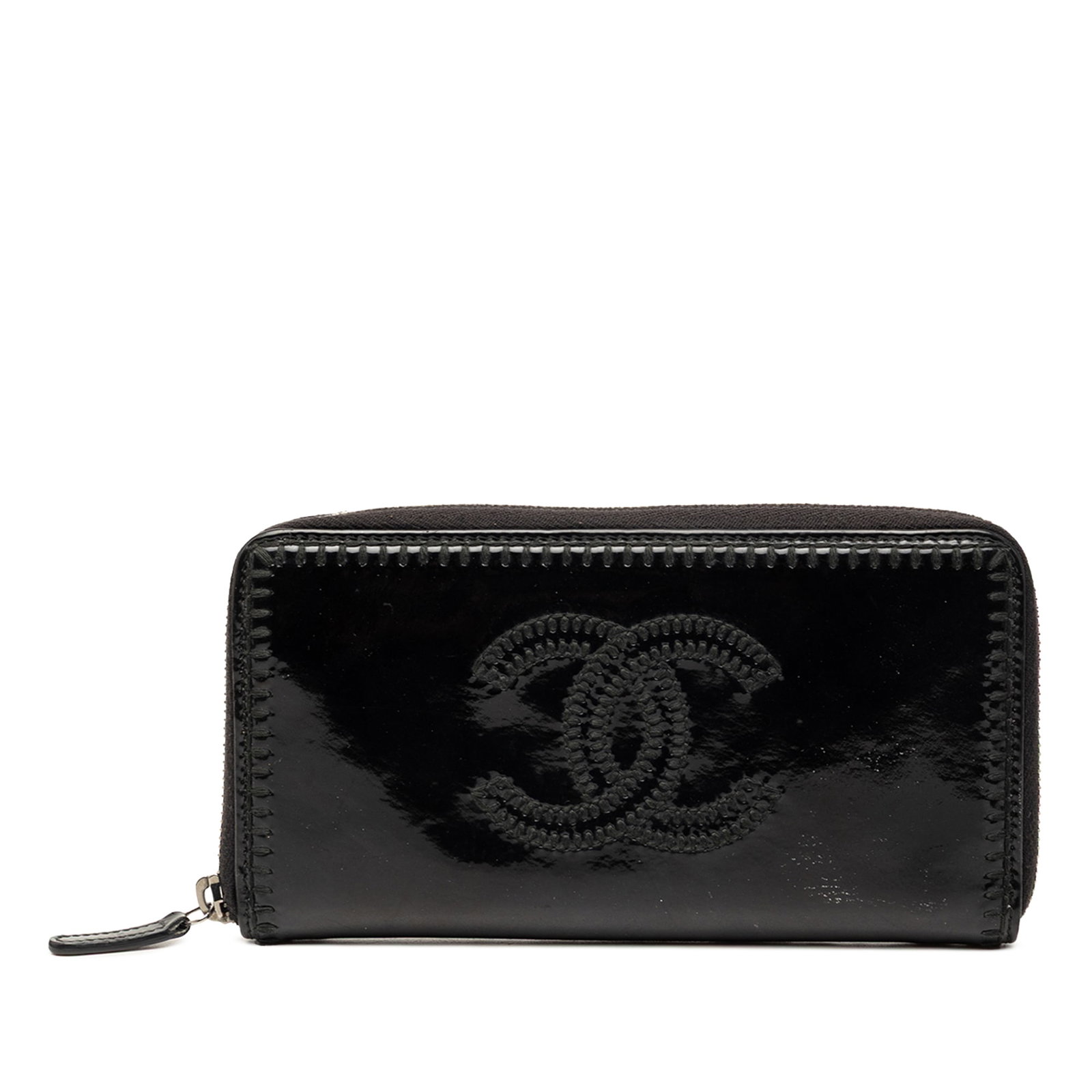 Chanel CC Patent Leather Zip Around Long Wallet: Chanel CC Patent Leather Zip Around Long Wallet This Chanel CC Patent Stitched Long Wallet is crafted from black patent leather and features a zip-around closure, an interior zip compartment, and inte