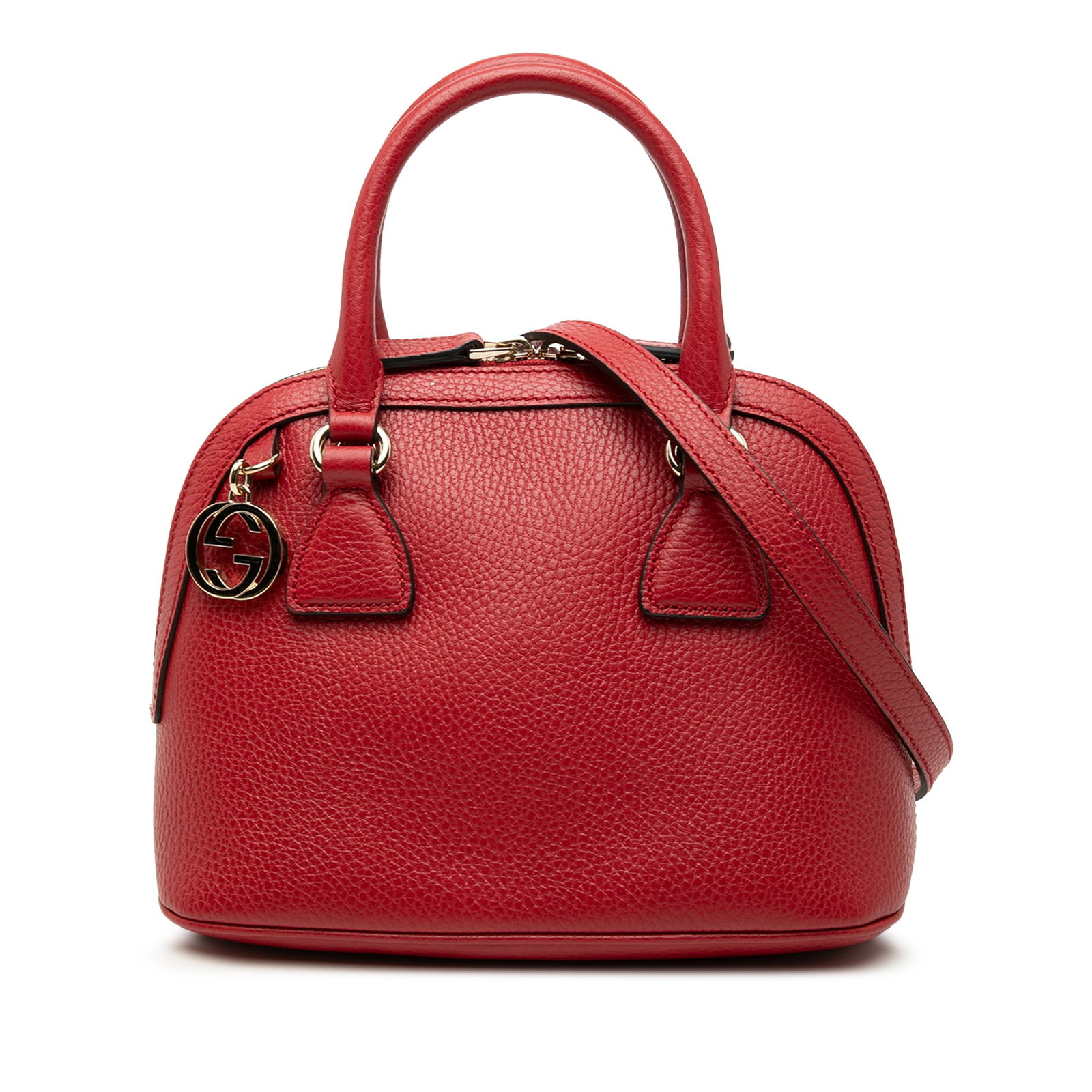 Red Leather Gucci Dome Satchel with GG Charm: Red Leather Gucci Dome Satchel with GG Charm This Gucci Mini Leather GG Charm Dome Satchel features a red leather body with rolled leather handles and a detachable, adjustable flat leather shoulder st
