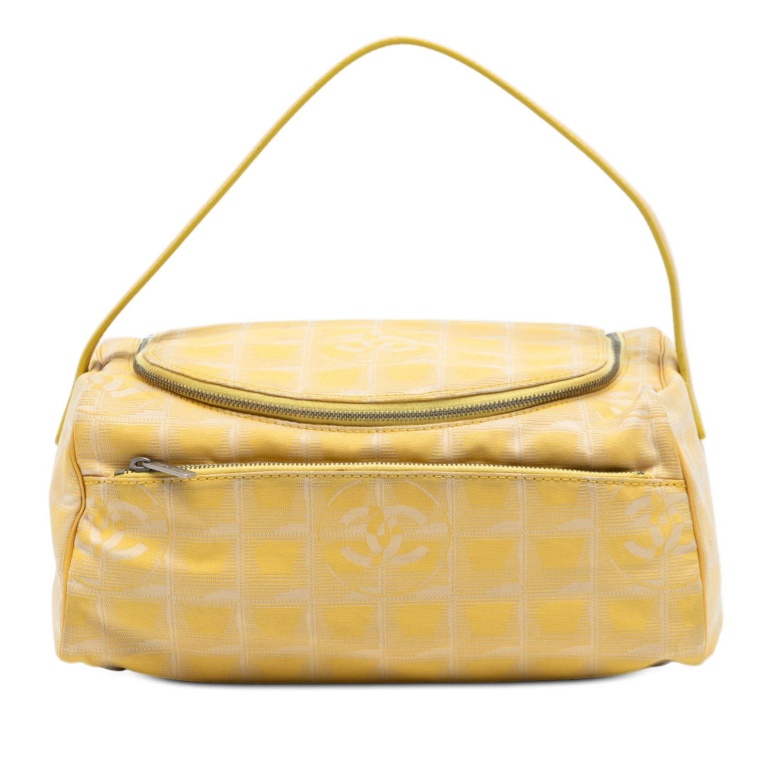 Chanel New Travel Line Yellow Nylon Vanity Bag with Leather Handle: Chanel New Travel Line Yellow Nylon Vanity Bag with Leather Handle This Chanel New Travel Line vanity bag features a durable nylon body, a flat leather handle, and a top zip closure. The bag is design