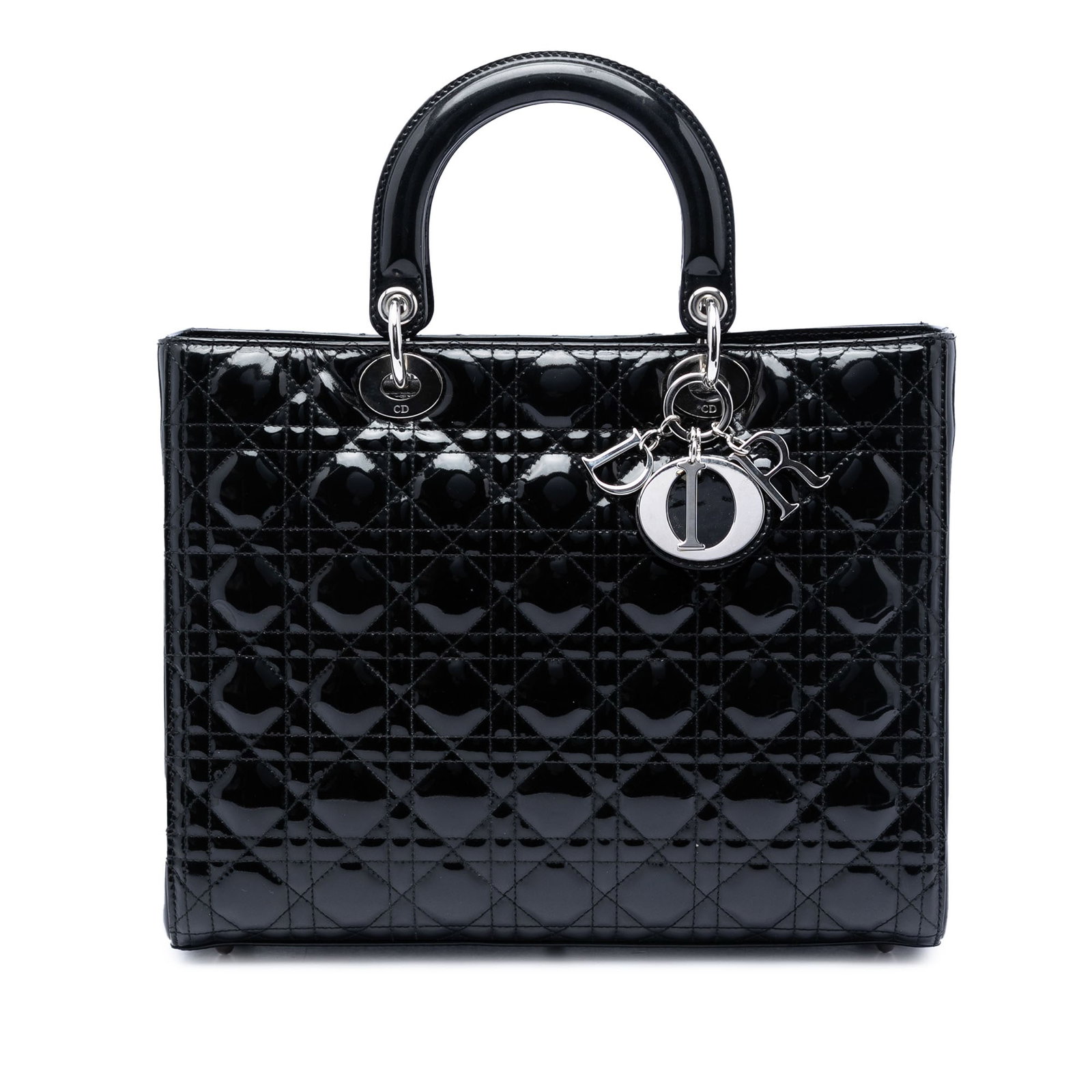 Dior Large Patent Cannage Lady Bag Black Leather: Dior Large Patent Cannage Lady Bag Black Leather This Lady Dior bag features a quilted patent leather exterior in black, complemented by flat leather top handles and a top zip closure. The interior is