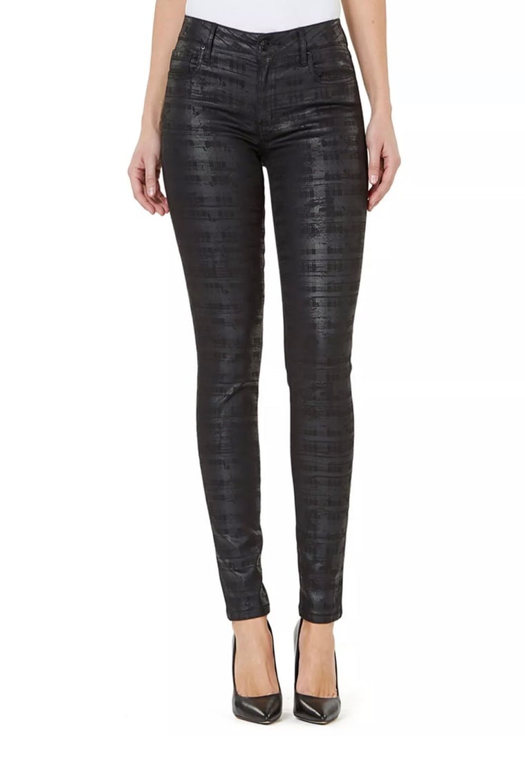 NUMERO Black Coated Check-Print Skinny Jeans Womens 28: NUMERO Black Coated Check-Print Skinny Jeans Womens 28 Elevate your wardrobe with these NUMERO Mid-Rise Coated Check-Print Skinny Jeans in size 28. Designed with a striking coated check pattern, these